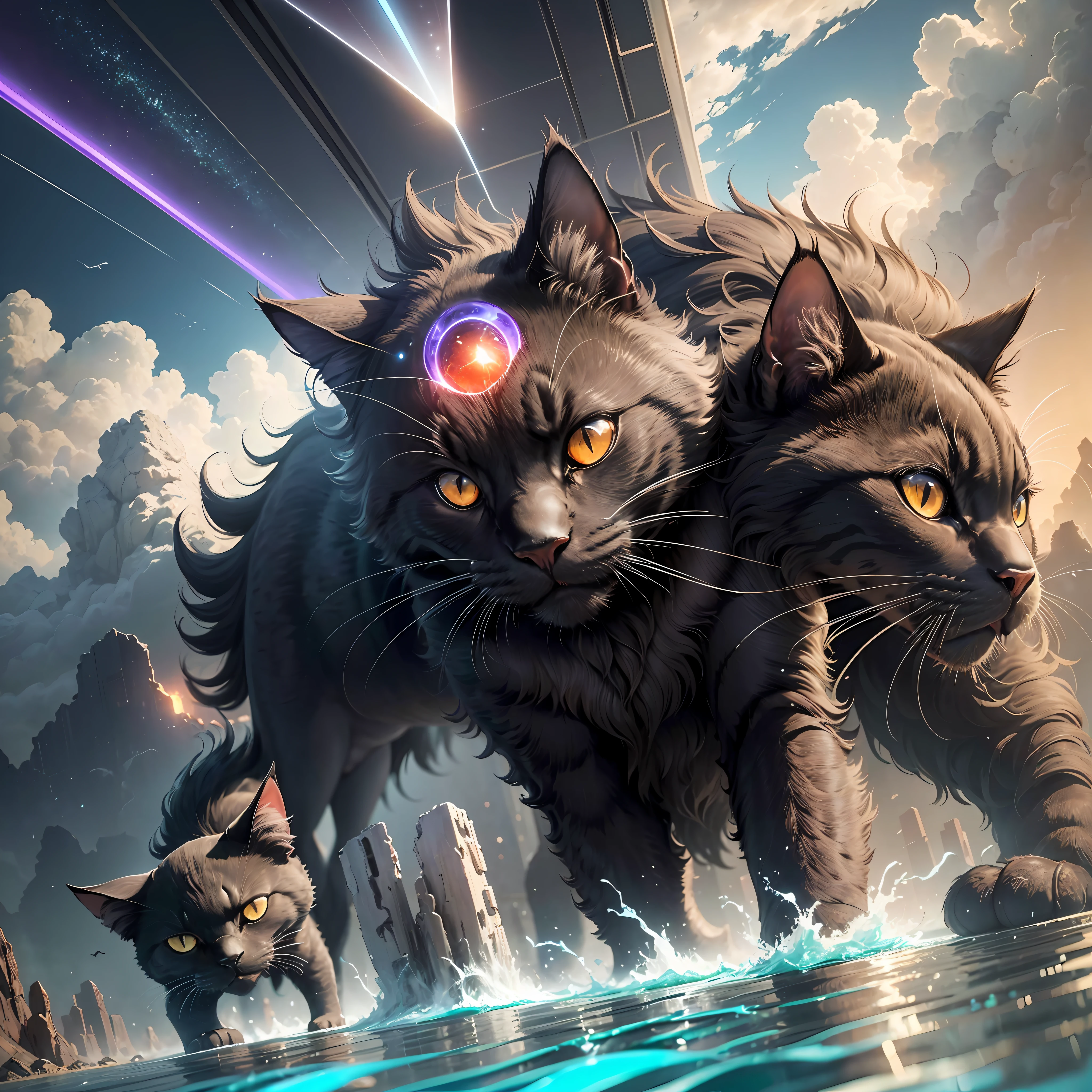 A black cat with a man's body, a futuristic world where the humonous being was instinct, had a nuclear war and the feline race dominated the world, image in high revolution, arid terrain with water scares, bodies lying on the ground torn apart and with blood, three-dimensional energy rays coming out of the clouds. --auto --s2