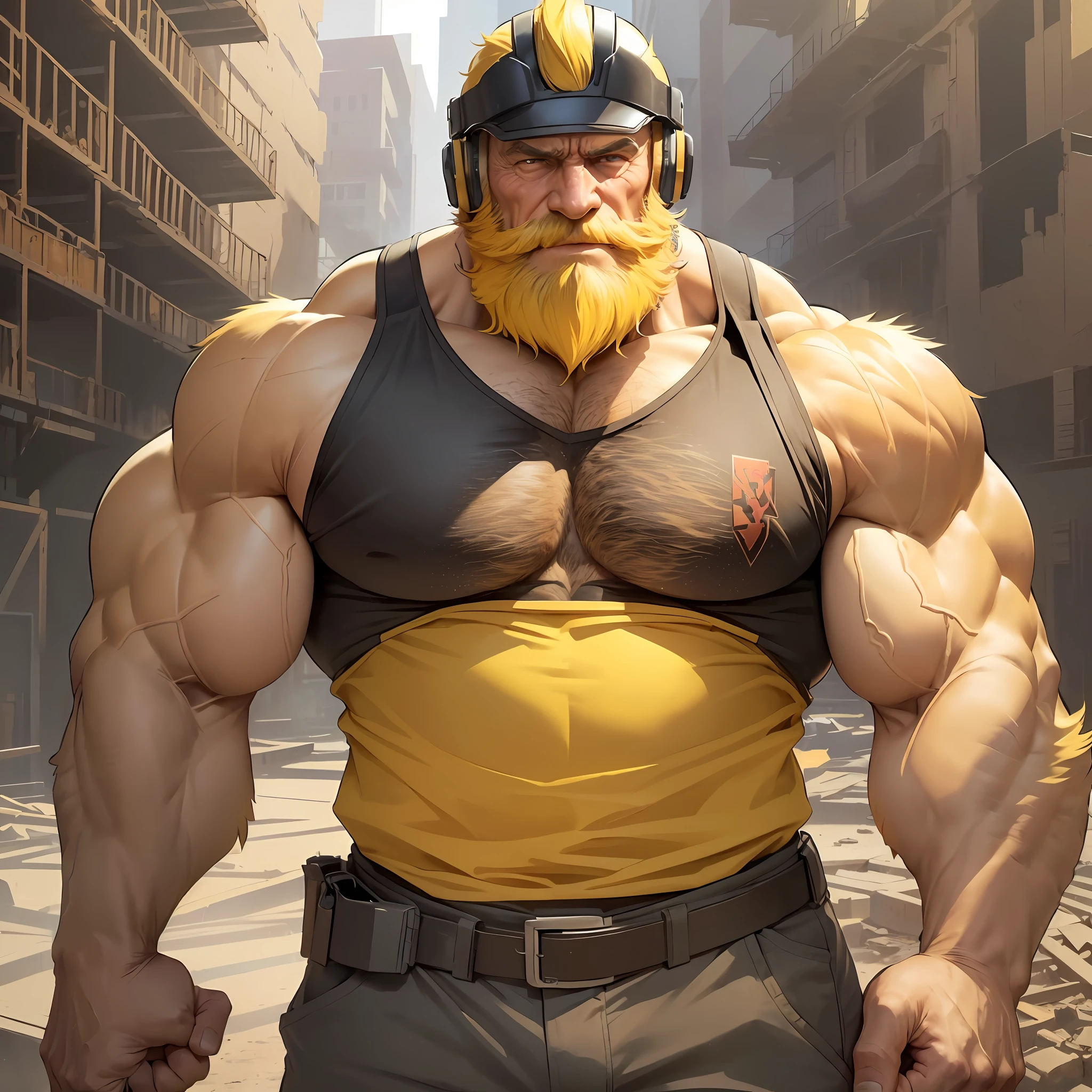 A huge muscular old man walking on construction site, he wear safety helmets and wear tank top, (old man (huge muscular, big arm, big chest, big pec, big bicep, extremely detailed muscle, short hair, bearded, yellow hair))