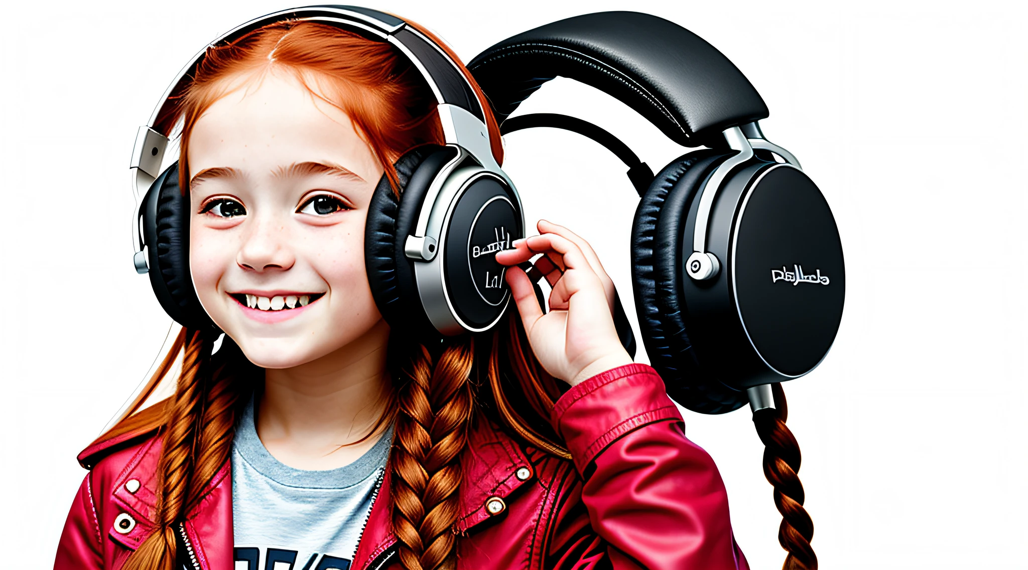 girl , long red hair of braids,portrait, with headphones and sunglasses, smiling and holding hands up, RED LEATHER JACKET, girl wearing headphones, listening to music, wearing headphones, with headphones, with headphones, wearing a headset, vibrating with music, listening to pious music, Using headphone jack, using headset for gaming, tinnitus, high quality portrait, headphones on, , digital art H 9 6 0,, (white background: 1.3).