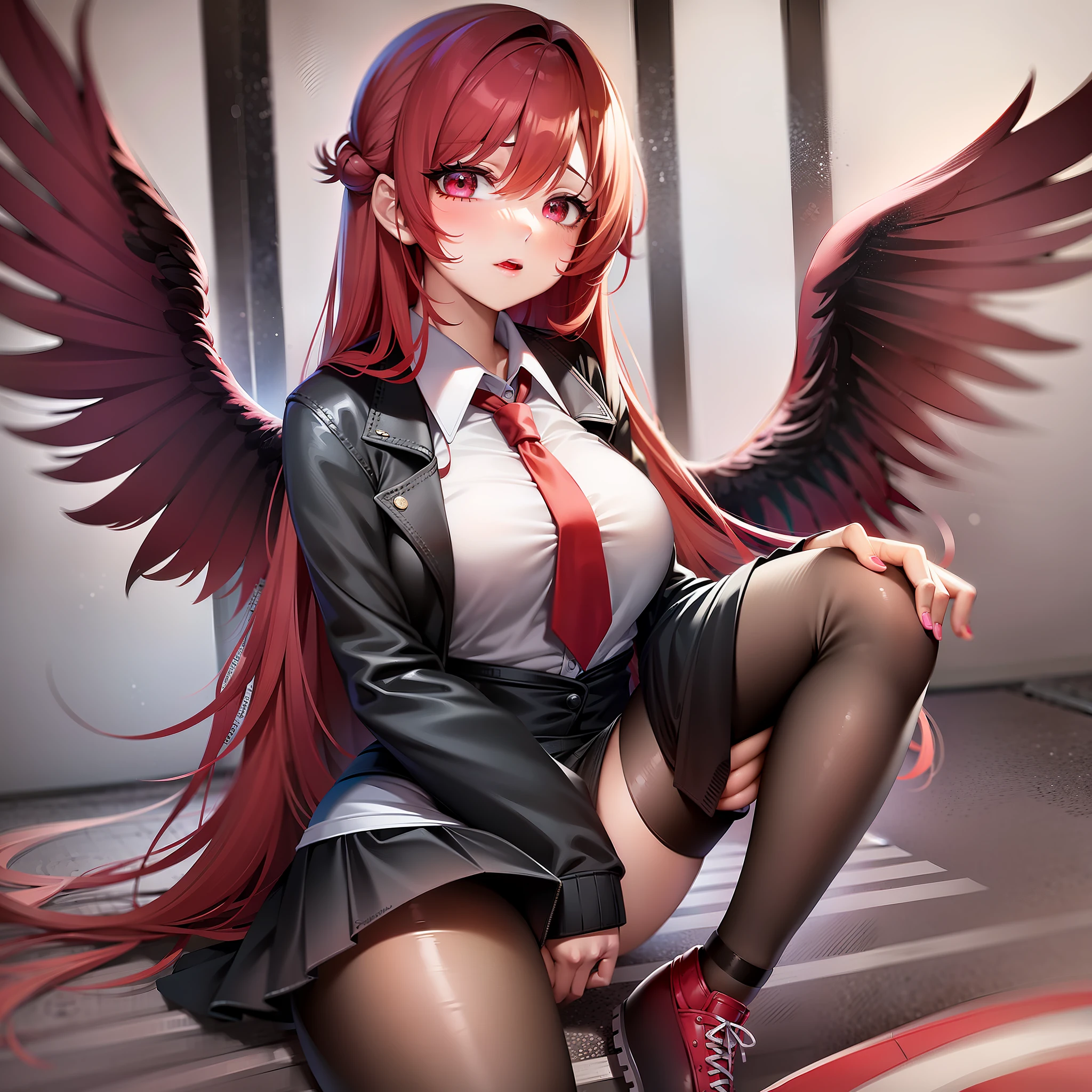 Red chibi with long straight hair falling under her shoulder, wearing high school clothes, blouse with red tie and red mini skirt, black socks that go up to the knees and All Star sneakers, angel wings of the color black, red makeup around the eyes making a drawing on the face, eyes of the color purple, red lipstick, a mole on the left side of the mouth, perfect face, expression of shame, cute expression, perfect body, round chest, big , thick thighs, whole body, detailed scenery, detailed photo, masterpiece, 8k, raw photo, perfect lighting