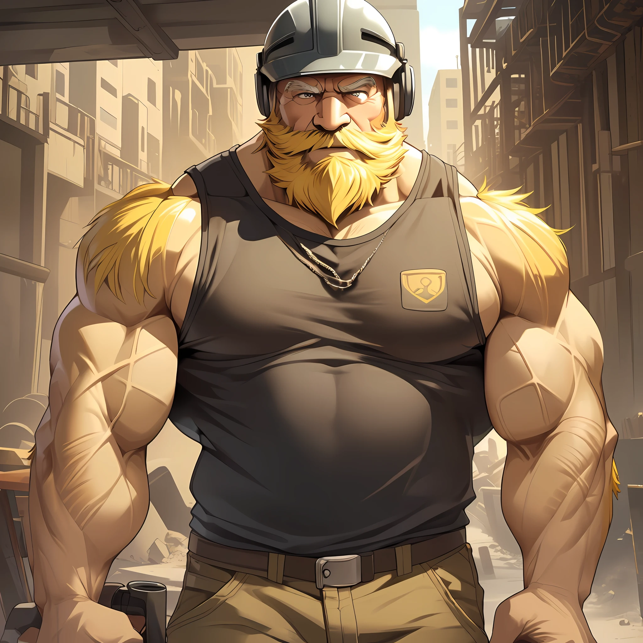 A huge muscular old man walking on construction site he shouldered a heavy iron, he wear safety helmets and wear tank top, (old man (huge muscular, big arm, big chest, big pec, big bicep, extremely detailed muscle, short hair, bearded, yellow hair))