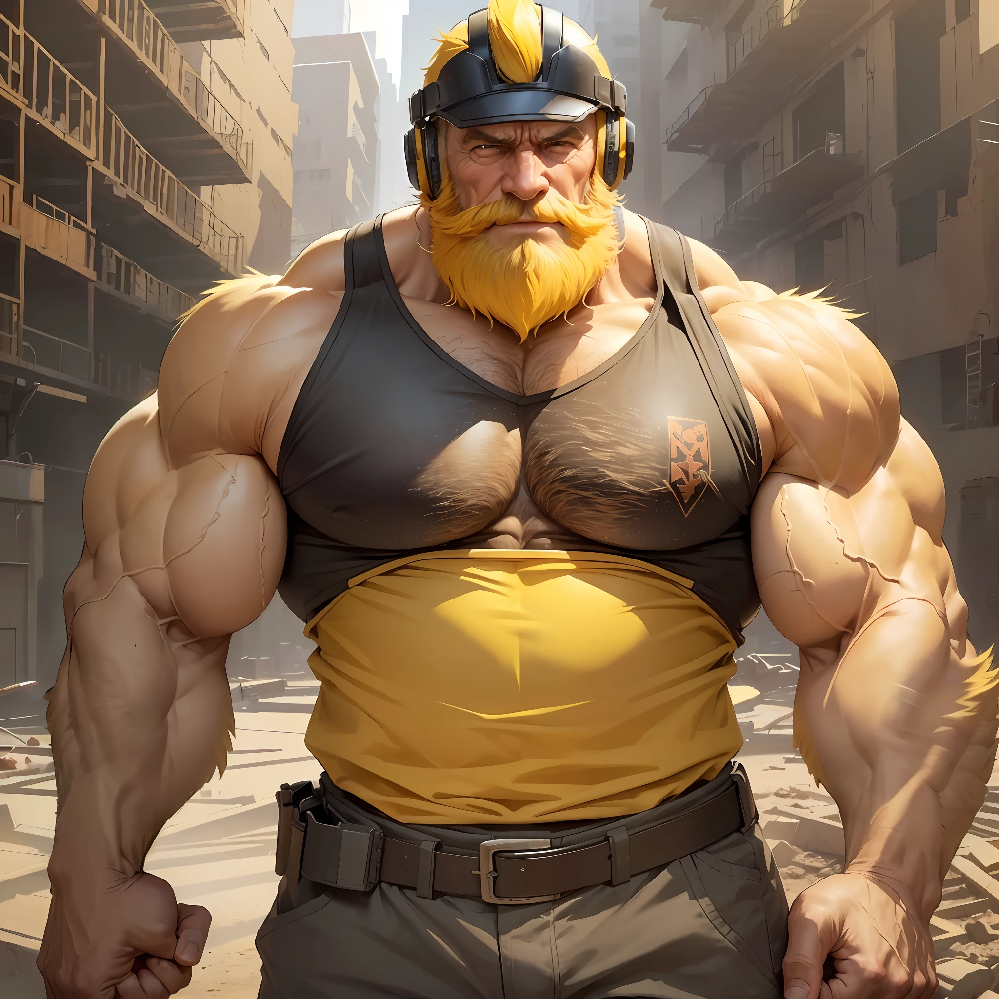 A huge muscular old man walking on construction site, he wear safety helmets and wear tank top, (old man (huge muscular, big arm, big chest, big pec, big bicep, extremely detailed muscle, short hair, bearded, yellow hair))
