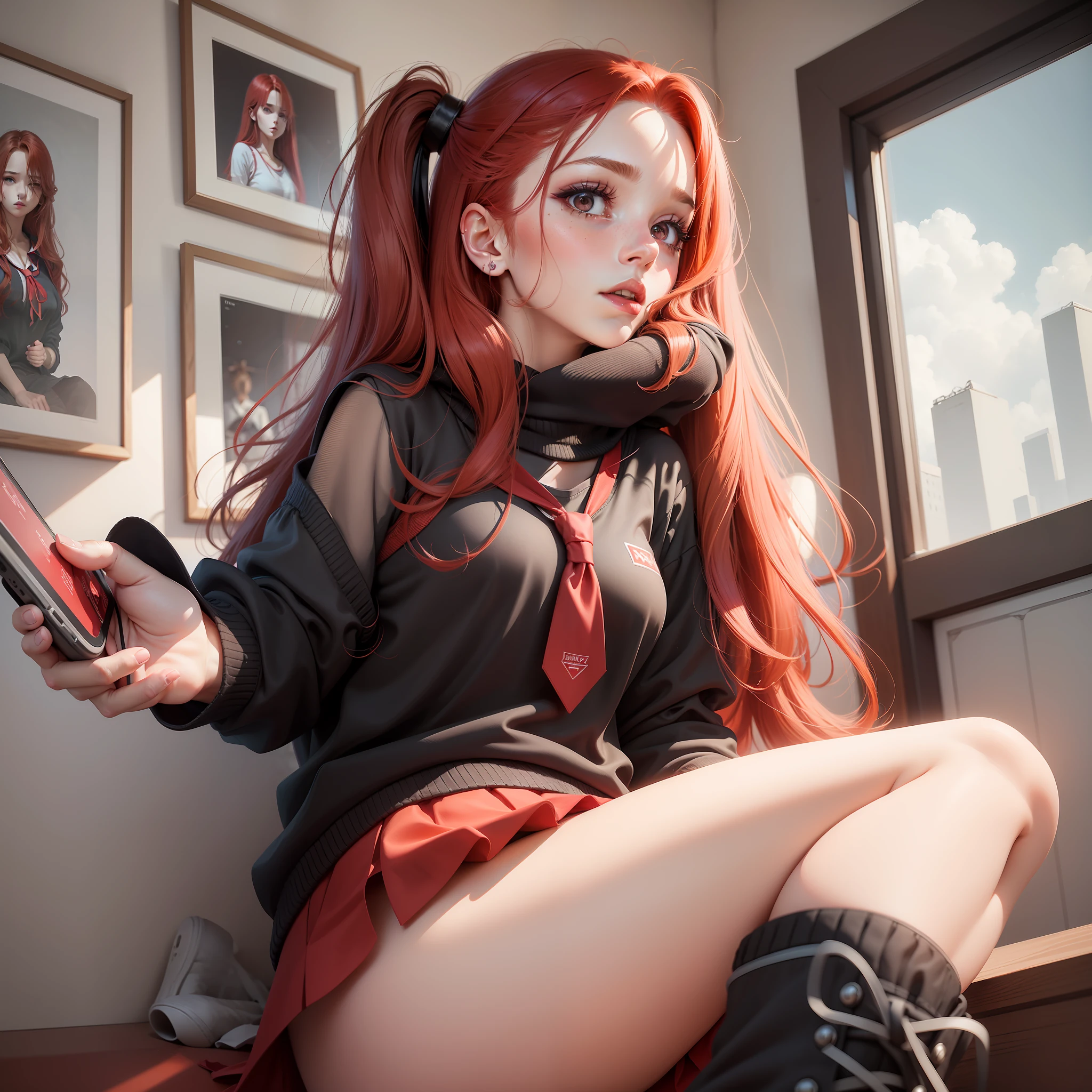 Beautiful red-haired woman with long straight hair falling under her shoulder, wearing high school clothes, blouse with red tie and red mini skirt, black socks that go up to the knees and all star sneakers, angel wings of black color, red makeup around the eyes making a drawing on the face, eyes of the color purple, red lipstick, a mole on the left side of the mouth, perfect face, expression of shame, cute expression, perfect body, round chest, big ass, thick thighs, whole body, detailed scenery, detailed photo, masterpiece, 8k, raw photo, perfect lighting