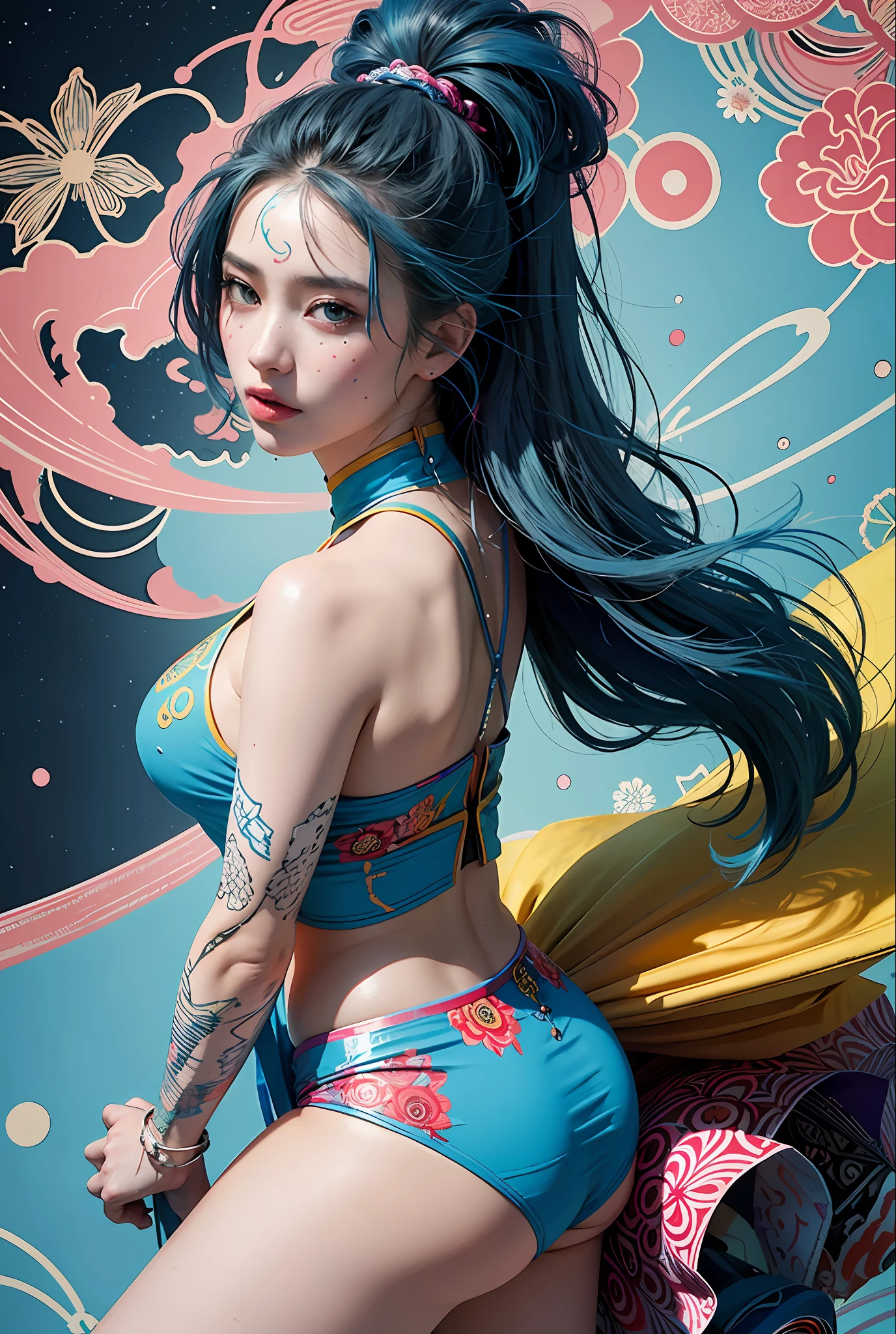 a woman with blue hair wearing a colorful outfit and a colorful background with paint splatters on it, by Hirohiko Araki,official art, unity 8k wallpaper, ultra detailed, beautiful and aesthetic, masterpiece, best quality, (zentangle, mandala, tangle, entangle), 1girl, extremely detailed, dynamic angle, cowboyshot, the most beautiful form of chaos, elegant, a brutalist designed, vivid colours, romanticism, by james jean, roby dwi antono, ross tran, francis bacon, michal mraz, adrian ghenie, petra cortright, gerhard richter, takato yamamoto, ashley wood, atmospheric, ecstasy of musical notes, streaming musical notes visible