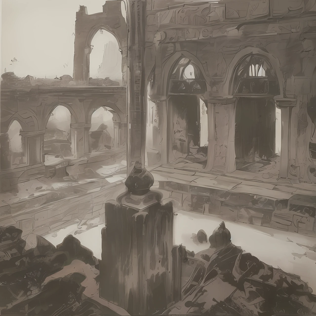 A handmade drawing in black and white on a parchment, open courtyard, ruin of an ancient fortress, at night with shadowy and frightening looking figures, frightening, masterpiece, detailed, handmade, artbook, pencil, art, (Leonardo da Vinci), abandoned, destroyed