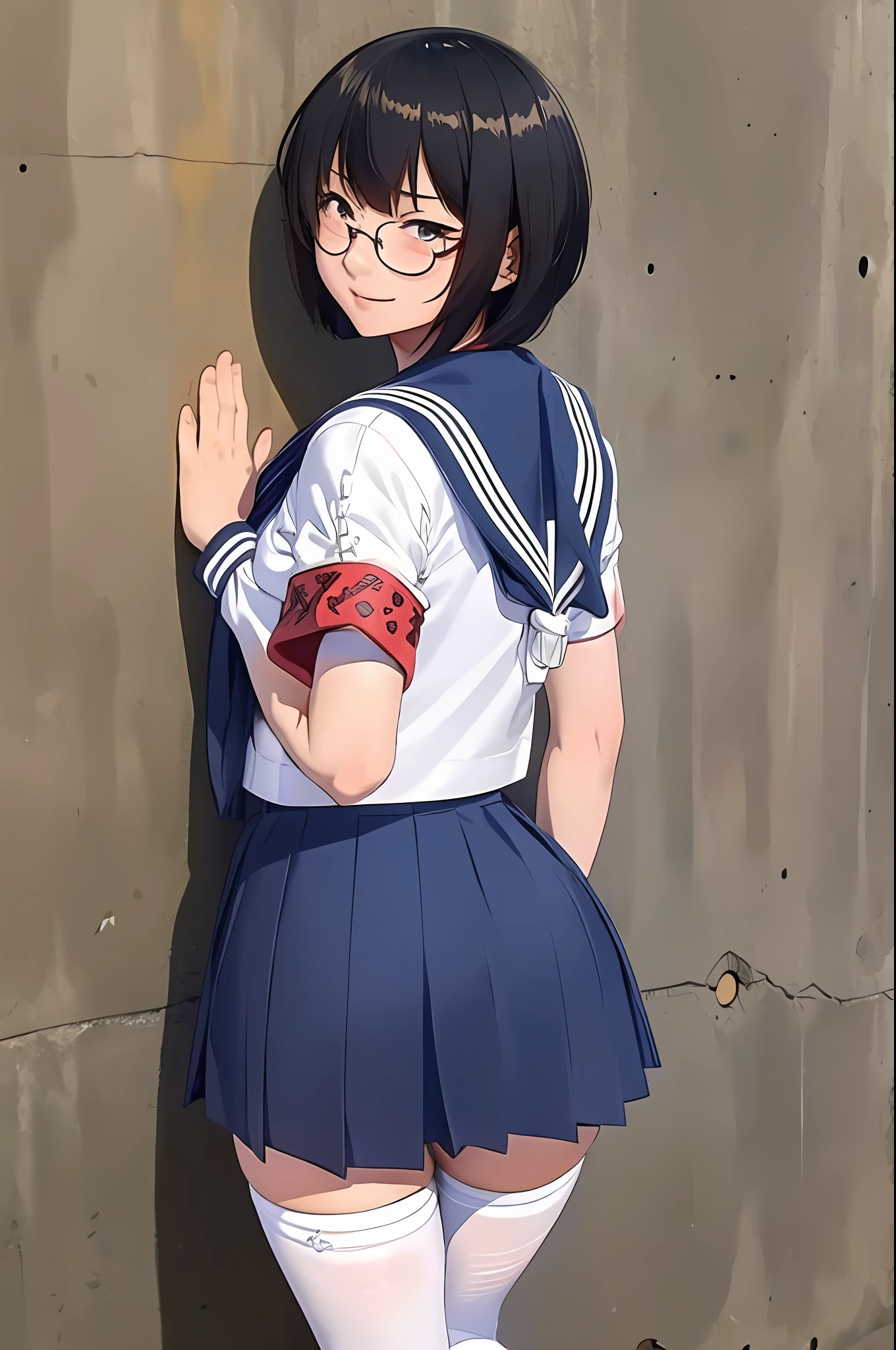 Suzuka, girl, short black hair, face, glasses, atarashii gakko leaders, sleeved sailor school uniform, red armband, white/blue shirt, and blue skirt, legs, white/blue high knee socks, shoes, sexy legs, view from behind, panty line view, standing, firm ass, posing against the wall, skirt lift, nsfw, ecchi