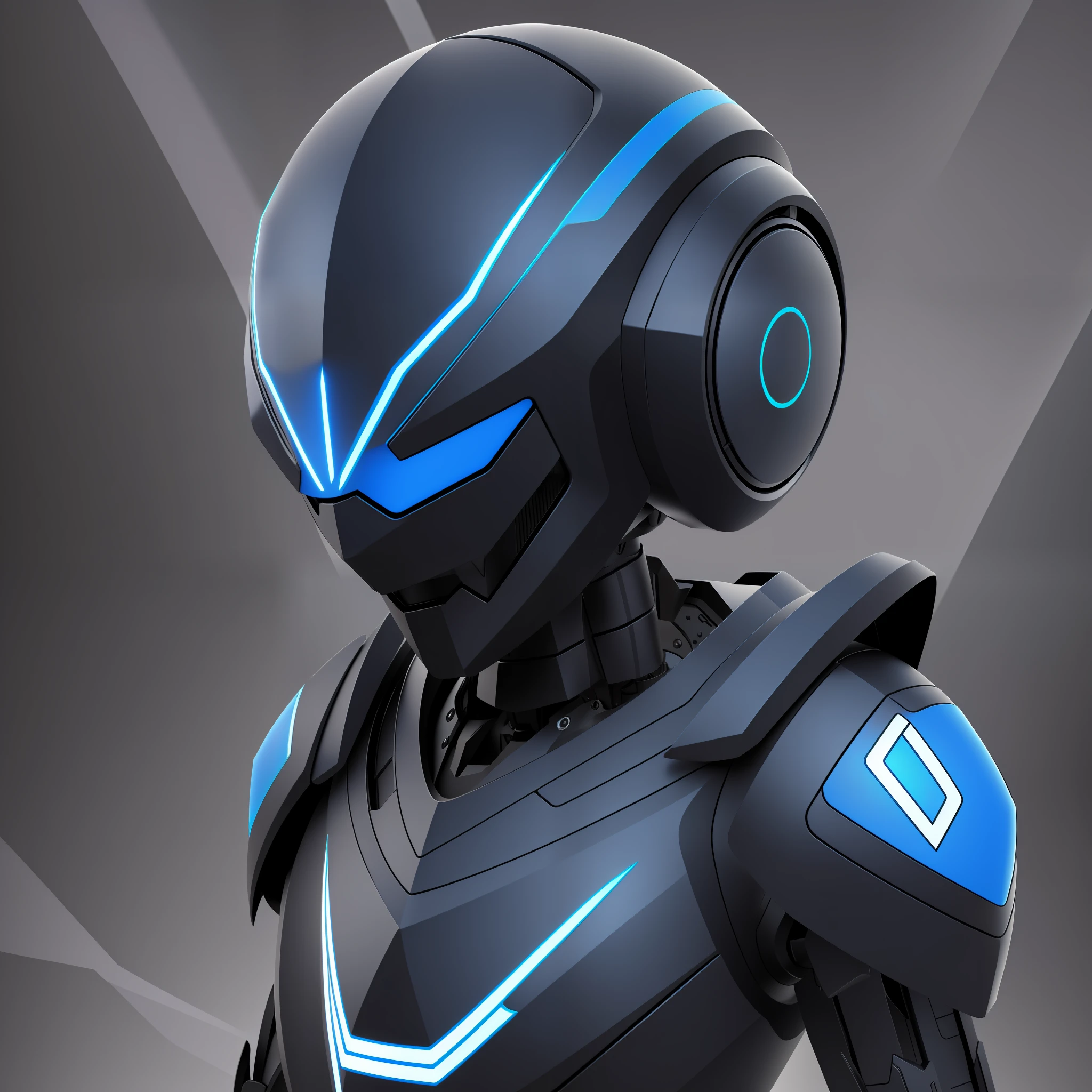 Black skeletal robot, blue stripes, blue visors
