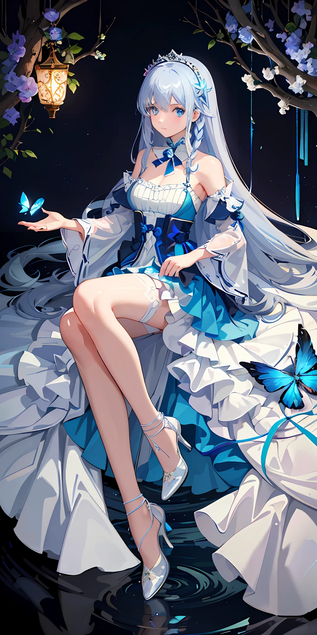 (Top view), Dynamic angle, Super detailed, illustration, close-up, direct vision, 1girl, (fantasy: 1.4), (blue eyes: 1.233), her eyes shine like dreamy stars, (glowing eyes: 1.233), (beautiful and detailed eyes: 1.1), (silver hair: 1.14), (messy hair, very long hair, French braids, hair between the eyes, side hair), (+(blue hair flower: 1.14)), (chiffon dress, uniform blue flower pattern)/= (Military Uniform: 1.24), (Split Sleeves, Wide Sleeves), (Fingerless Glove), Choker, (Miko Thighhighs), High Heeled Boots, (Expressionless, Shut Up), (Standing), (Classical Princess Boudoir with Dresser Floor-to-Ceiling White Ancient Palace), (White Flower, Blooming), (Deep Sea), (Flowing Water), (Dark Blue World Tree: 1.14), (Ruins), (Night: 1.2), Dreamy, Soul, (Fluorescent), ( Flying translucent blue butterfly: 1.15), [[Delicate fingers and hands: 0.55]::0.85], (finger detail), (yubao:0.5), pink socks, suspenders, white flower wedding shoes, exquisite shoes, sexy and charming cute