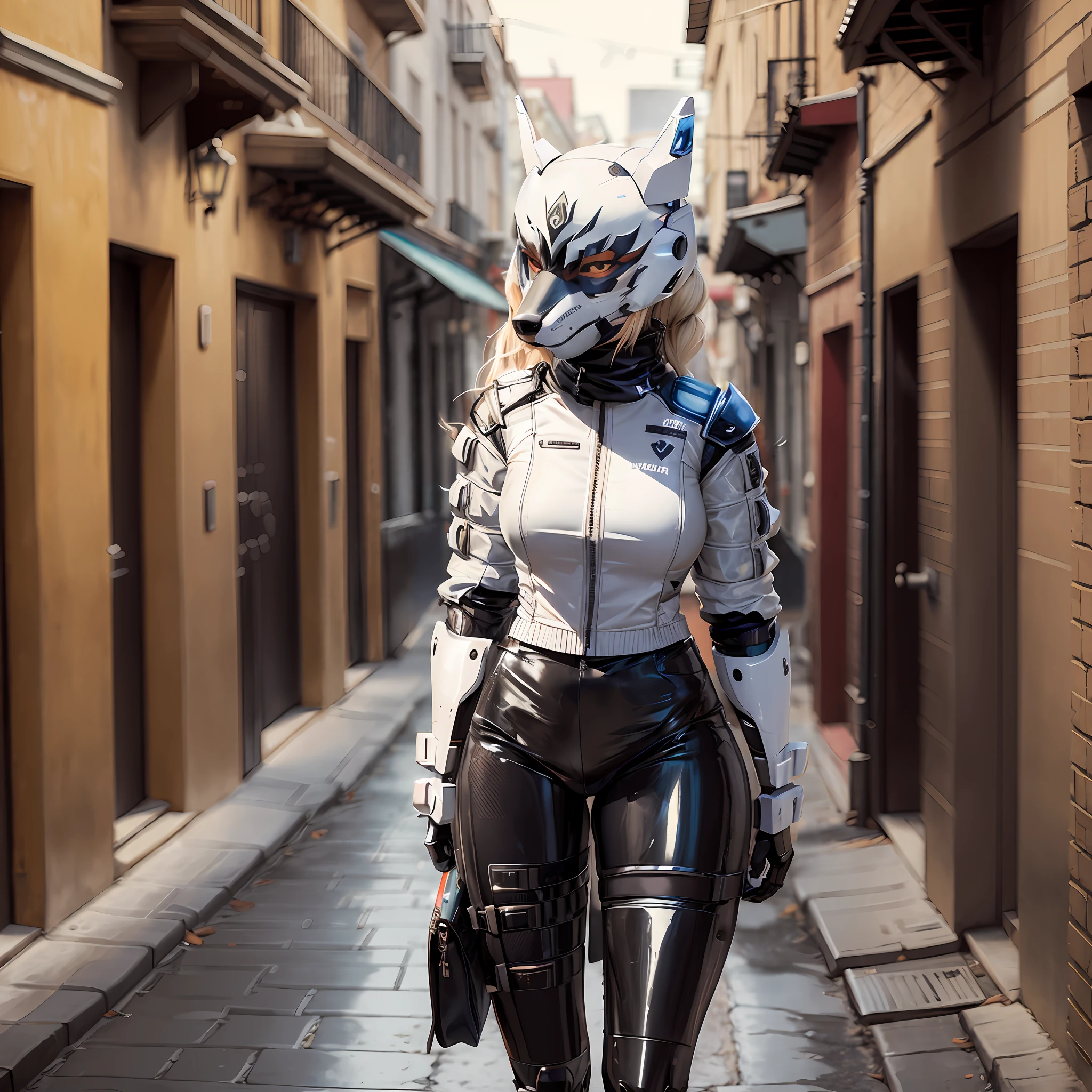 Wolf-themed cybersuit, wolf cyber armor, wearing short-sleeve jacket