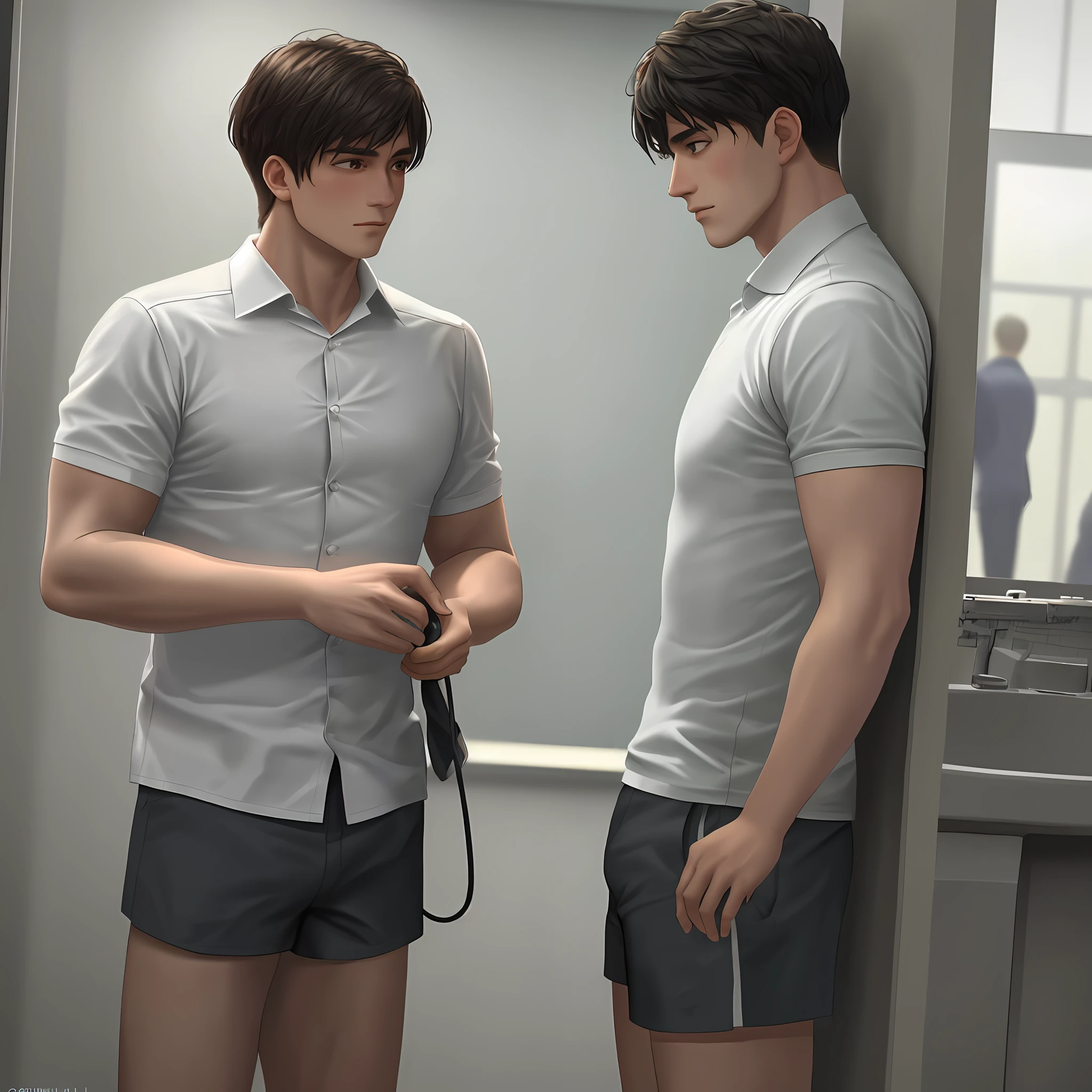 beautiful and young agers, from the West, semi-naked in a school only for men, with firm pectorals (schoolboy male: 1.6) with (school clothes, shorts: 1.2) and (without underwear: 1.4) and a sports school uniform, in the (men's dressing room, men's locker, showers: 1.2) (school walls: 1.2) (school furniture: 1.2), (school carpet: 1.2), (rich: 1.4), (erotic: 1.2), sensual, lascivious masculine, seductive, exciting, submissive, domineering, fearful, disturbing, perversely sexual, sexy, only men, (romantic: 1.2), moody and atmosphere with luminous background, lens rich colors realistic texture hyperrealistic spectacular lighting based on a bathroom with unreal engine, cinestill 800 t eastmancolor, (bokeh spotlight, golden hour illumination: 1.2) (UHD 32K color photo: 1,6),(dark studio, edge lighting, two-tone lighting, dim lighting, low key: 1.6; Gay Art