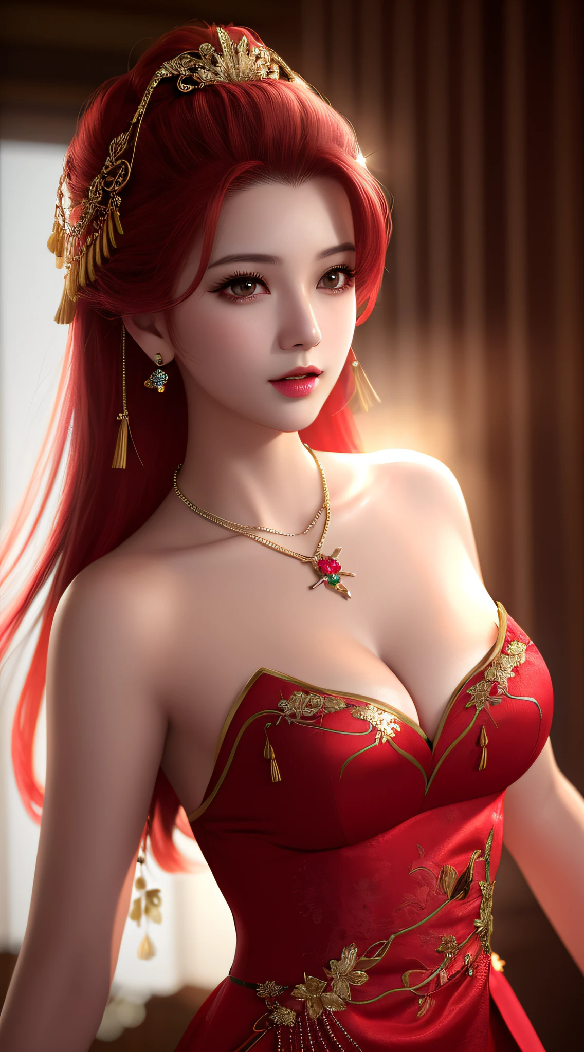 best quality, masterpiece, high resolution, 1girl, chinese dress, hair ornament, necklace, jewelry, beautiful face, upon_body, tyndall effect, photorealistic, king's room studio, rim lighting, two-tone lighting, (high detailed skin: 1.2), 8k uhd, Dslr, Soft lighting, high quality, Volumetric lighting, Sincere, Photography, high resolution, 4k, 8k, Bokeh, Light red red hair color, Medium breasts, Light pink lips,