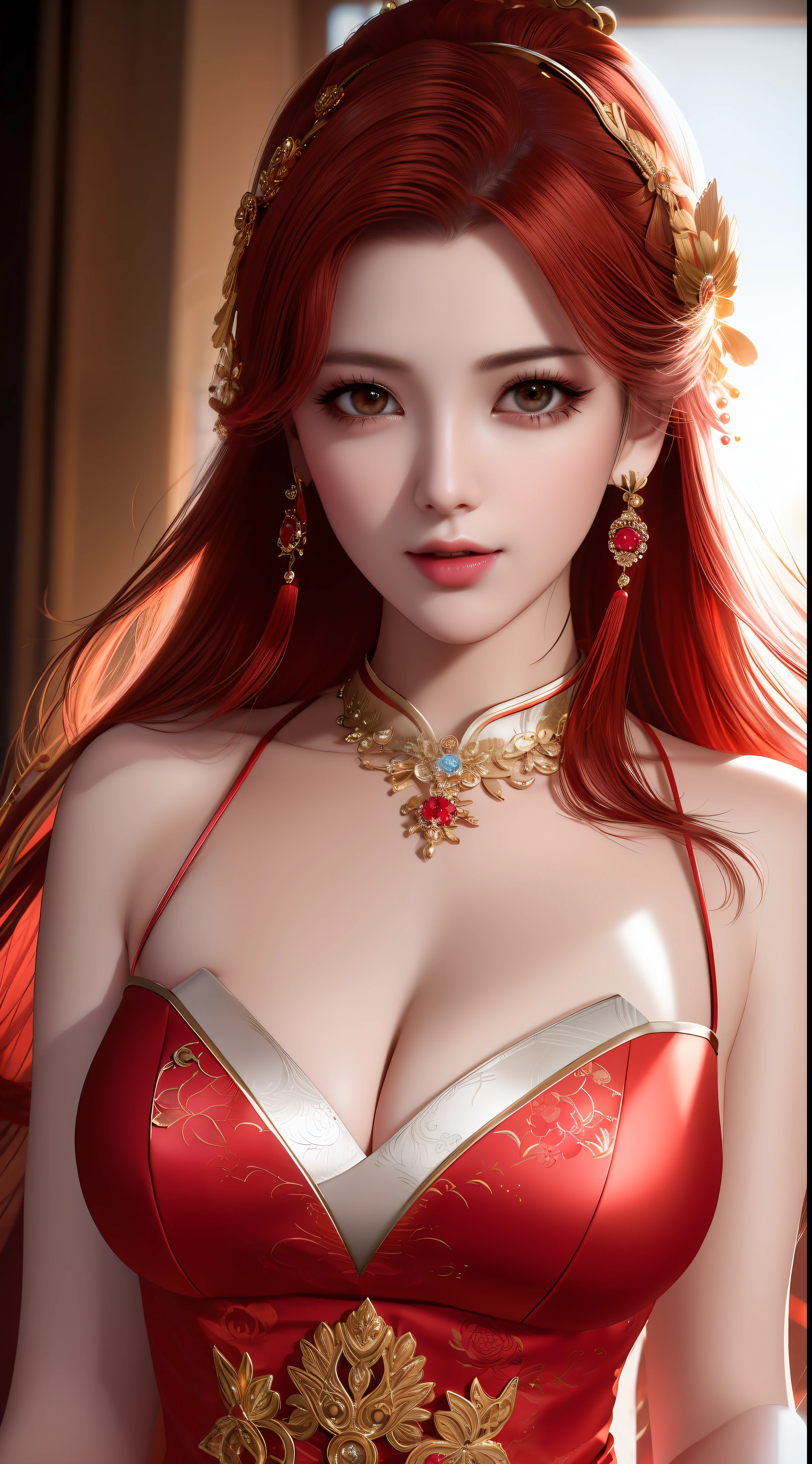 best quality, masterpiece, high resolution, 1girl, chinese dress, hair ornament, necklace, jewelry, beautiful face, upon_body, tyndall effect, photorealistic, king's room studio, rim lighting, two-tone lighting, (high detailed skin: 1.2), 8k uhd, Dslr, Soft lighting, high quality, Volumetric lighting, Sincere, Photography, high resolution, 4k, 8k, Bokeh, Light red red hair color,  Medium breasts, Light pink lips,