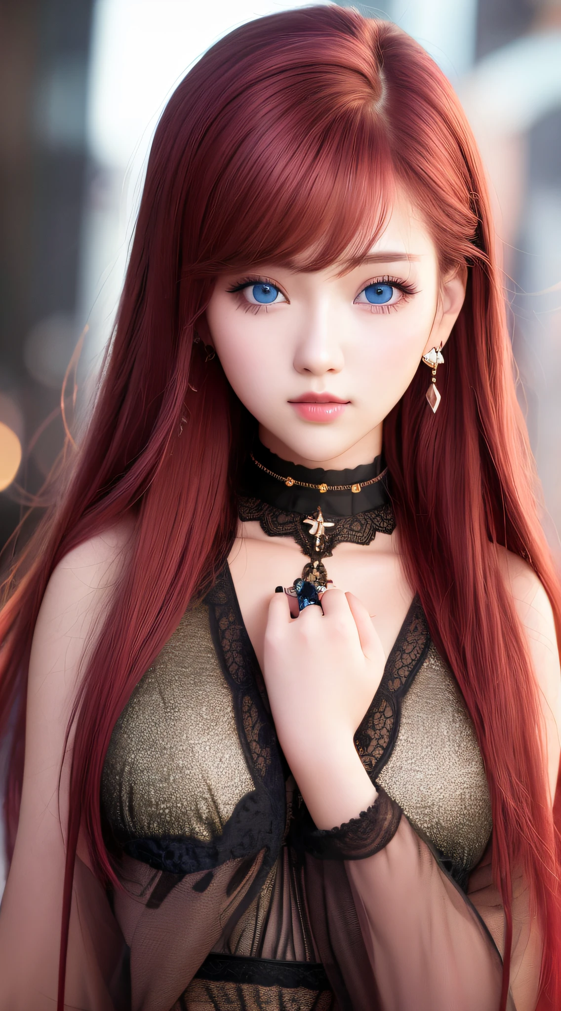 best quality, masterpiece, 1girl, beautiful face, (blue eyes), (red hair), (realistic photo: 1.3), rim lighting, (high detailed skin: 1.2), 8k uhd, dslr, high quality, high resolution, 4k, 8k, Bokeh, absurd, best ratio four fingers and a thumb, (realistic: 1.2), ulzzang, kawaii cute 1girl,