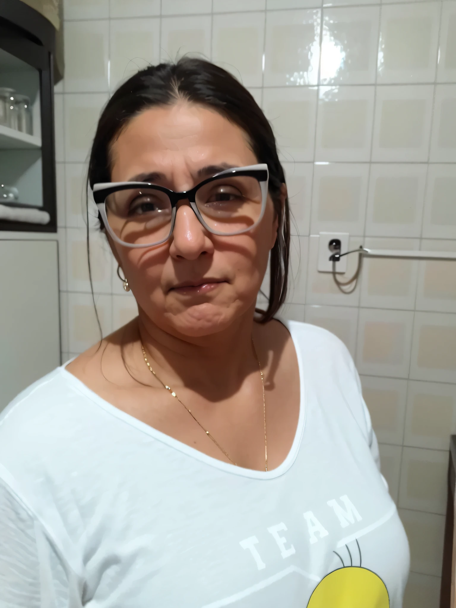 woman wearing glasses and a white shirt standing in a bathroom, by Nándor Katona, looks like fabiula nascimento, frontal picture, 3 5 year brazilian mother, foto realista, profile image, malika favre, pilar, fernanda suarez, 3 0 years woman, frontal shot, andrea rocha, ugly woman --auto --s2
