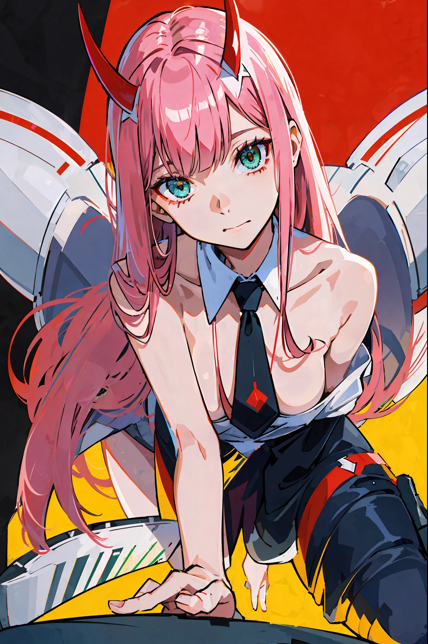 zero two \(darling in franxx\), darling in franxx, 1girl, looking at viewer, tilted, bangs, bite, shadow, green eyes, hair behind head, horns, long hair, makeup, small breasts, red dress, yellow tie, pink hair, red eyeshadow, science fiction, tight skin, solo