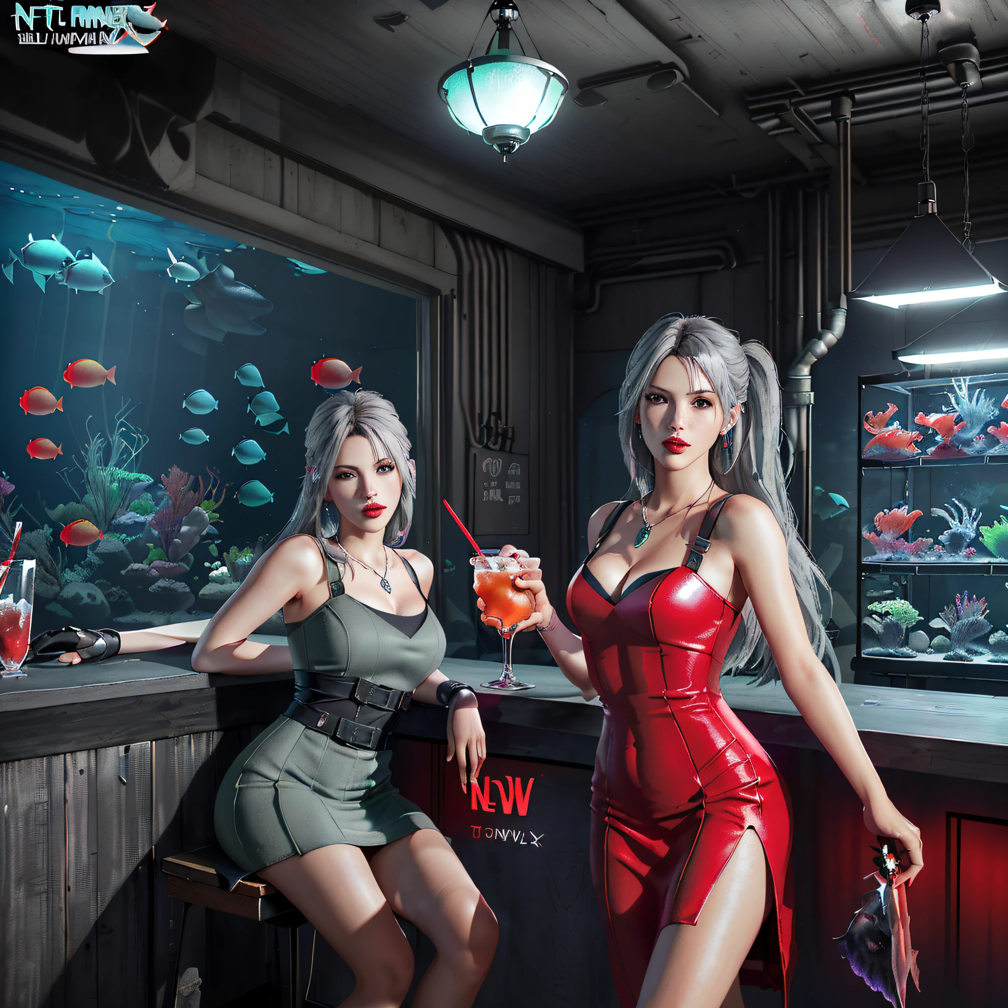 Front cover , (Fauget style use a greyish green colour) for the font, ((grey-green font)), dark green font, create a readable headline , ((Cyrillic and kanji lettering)). Paragraphs , Headline, Title. Nier Automata, Final Fantasy 7 Remake, Final Fantasy XVI , A woman like Tifa or 2B wearing a red dress and red lipstick, red lips, pout ,scowl , ((red dress)), classy dress, glamourous dress , simple dress , beautiful jewellery, sophisticated design , chic accessories, sitting, legs)) crossed , holding a blue drink, Blue Margarita ,Daphne Martini , blue alcohol , blue soda. The bar must be a ((modern industrial bar with grey stained pine. (grey wood),Bar has a neon sign, RGB lights, speakers , beautiful light fixture, dark atmosphere ,illumination by light , dark colours bar. Background: aquarium , glass to see fish , underwater, viewing window ,Best quality underwater bar scenery, ultra-detailed and realistic, musk grass, pondweed, kelps, fantasy plants , glowing plants, see through fish , tropical fish, otherworldly atmosphere, surreal, add volumetric lighting, create a sense of wonder. HDR, OLED ,Wallpaper , Headline , Front cover , Crimson Red , Candy Apple Red , reflections, High detail , ray tracing, unreal engine 5 volumetric lighting , god rays, (nfsw:1.9), (Background aquarium :1.3), (((Candy apple Red dress : 2))) ,(((Masterpiece)))),(((Highest image quality))),((((Ultra)),((Front cover: 1.7))