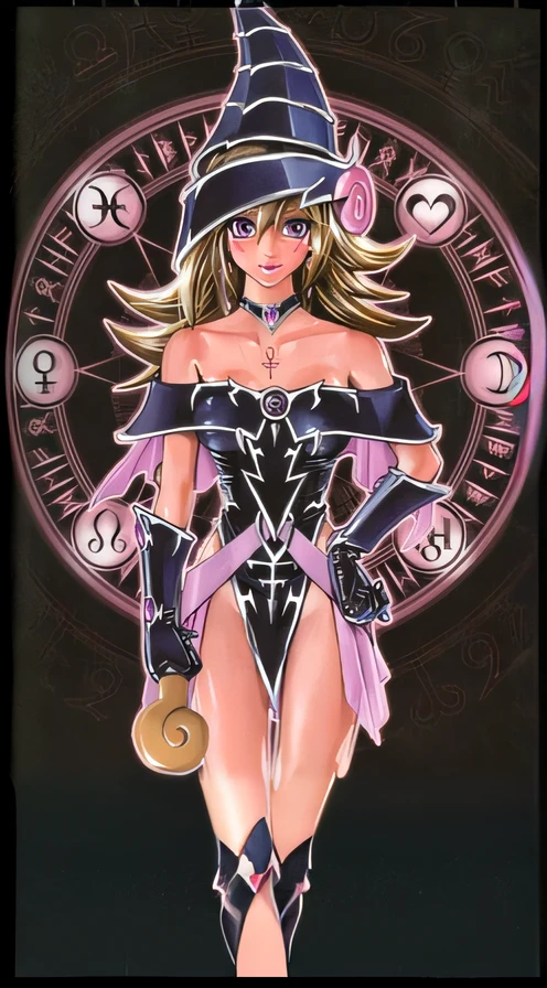 a close up of a woman in a costume with a hat and a sword, black magician girl, beautiful dark magician girl, dark magician girl from yu-gi-oh, knights of zodiac girl, mechanized witch girl, pretty sorceress, sorceress, marisa kirisame, dark sorceress full view, a beautiful sorceress