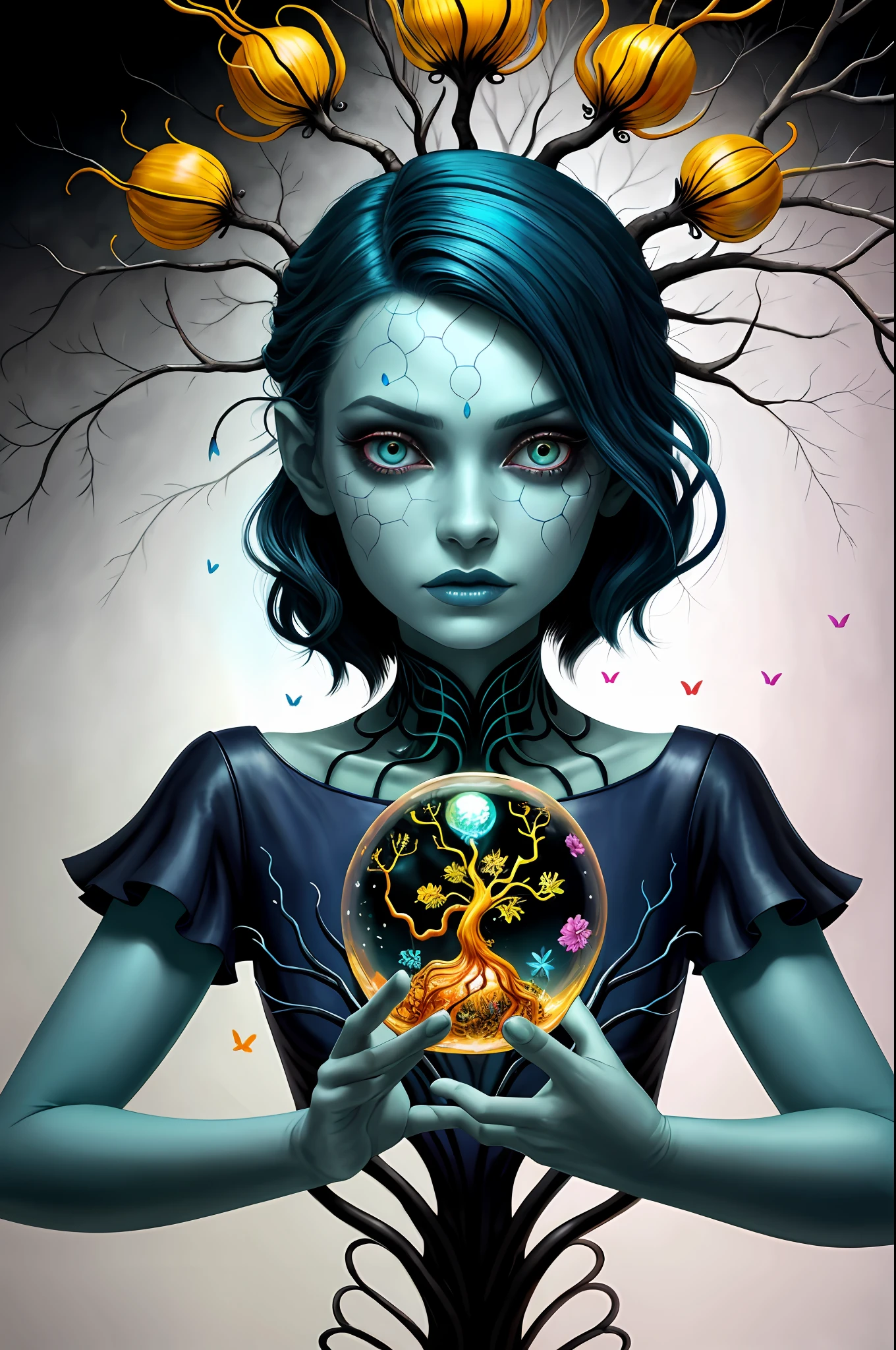 colorpop style, pointy hair, blue skin, natalie shau, mark ryden, alberto seveso, brooke shaden, anna dittmann, flora borsi, yin yang anthill, ant, lily, insect, fern, beautiful alien boy full body photo with oil painting, with thick brushstrokes and wet paint, fibonacci, golden ratio, melted wax, visible brush strokes, surrounded by crystal balls, 3D mosaic wireframe, neurographics, neurons, tree of life, color, love, passion, oil on canvas, thick brush strokes, crazy details, 8k uhd, masterpiece, art stand, surrealism