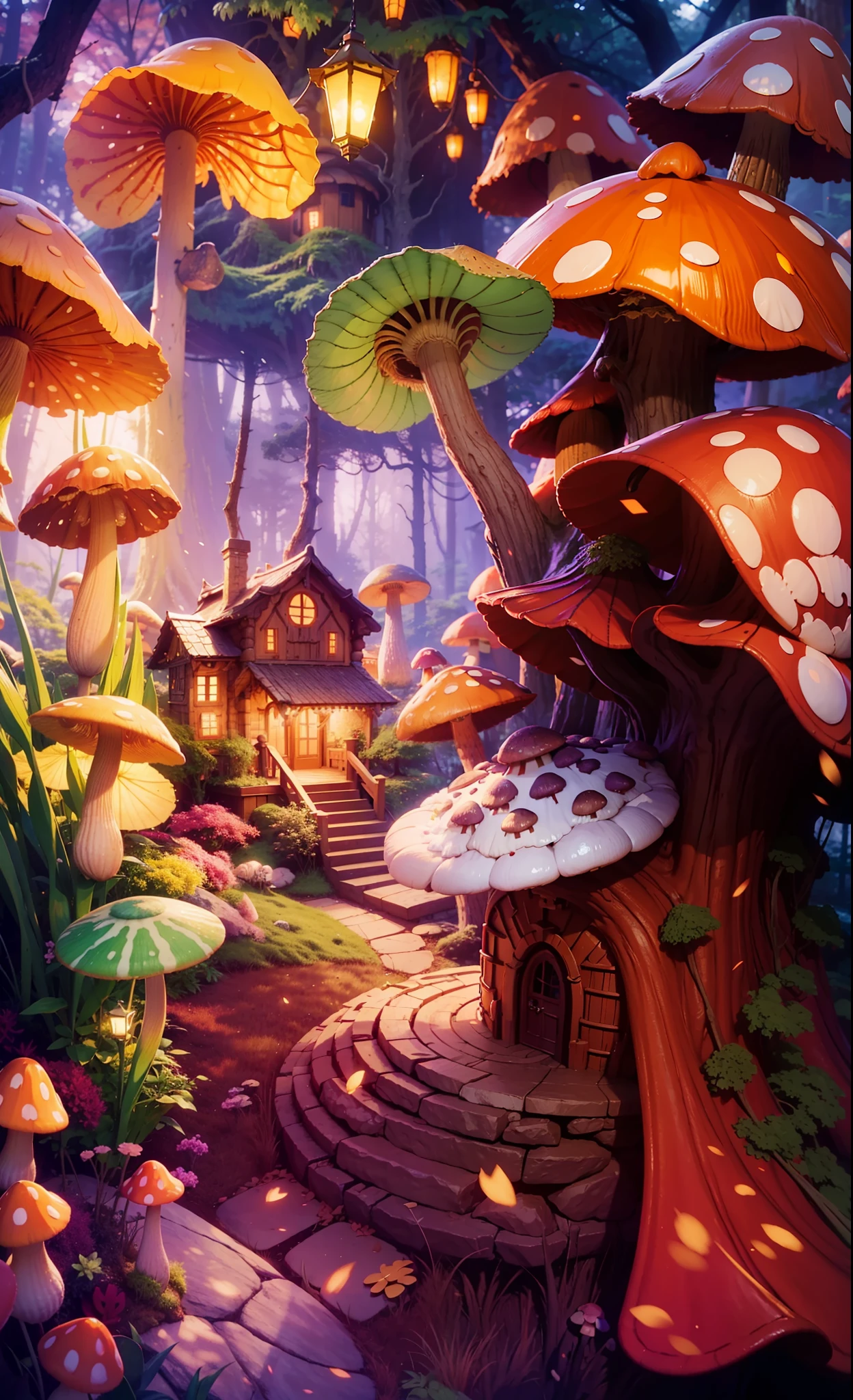 A very detailed matte painting depicting a fairytale mushroom house forest, by Makoto Shinkai, by Artgerm, by WLOP, by Greg Rukowski, volumetric lighting, octane rendering, 4K resolution, ArtStation Trend, masterpiece