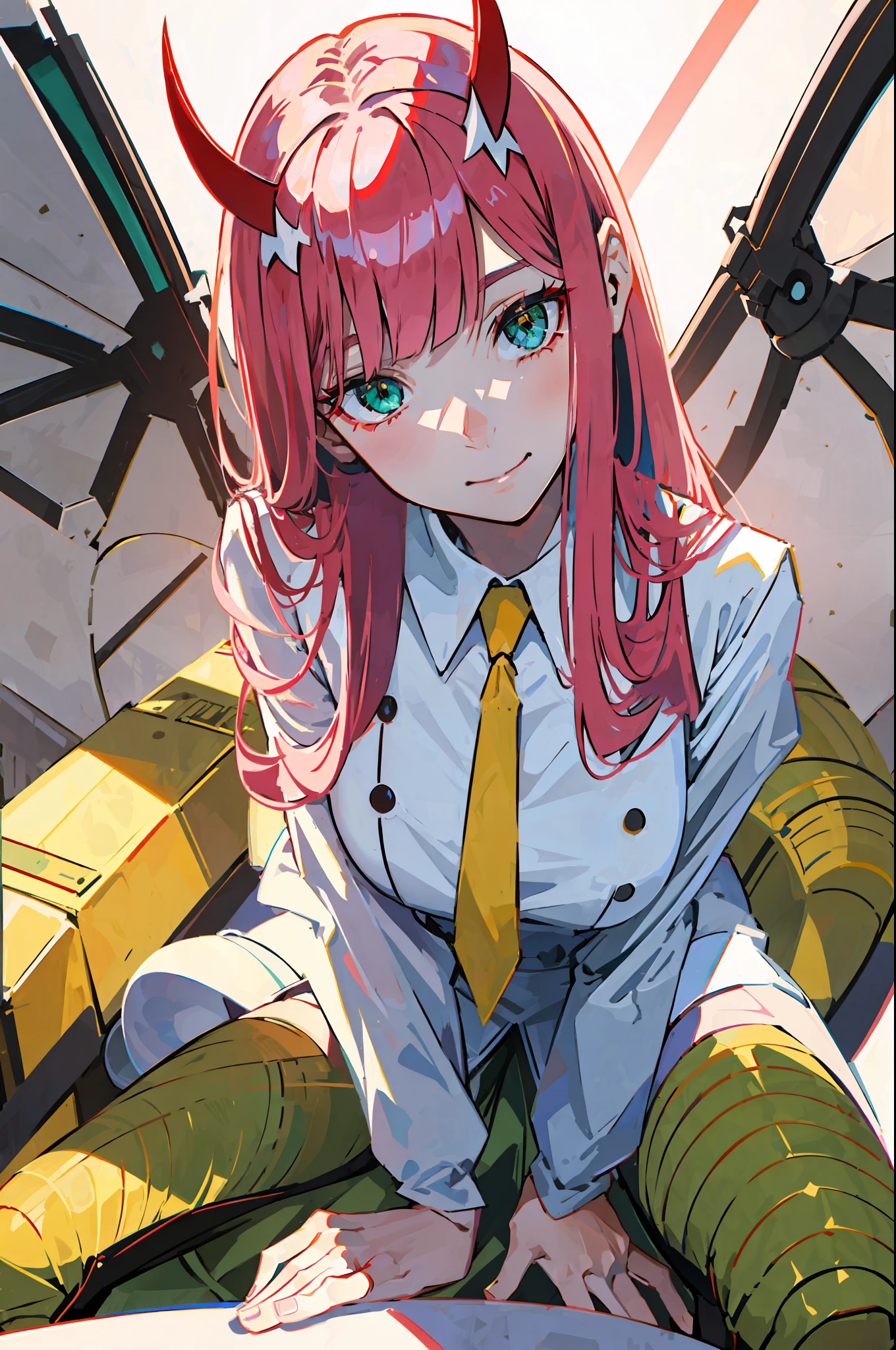 zero two \(darling in franxx\), darling in franxx, 1girl, smiling, looking at viewer, tilted, bangs, bite, shadow, green eyes, hair behind head, horns, long hair, makeup, small breasts, red dress, yellow tie, pink hair, red eyeshadow, science fiction, tight skin, solo