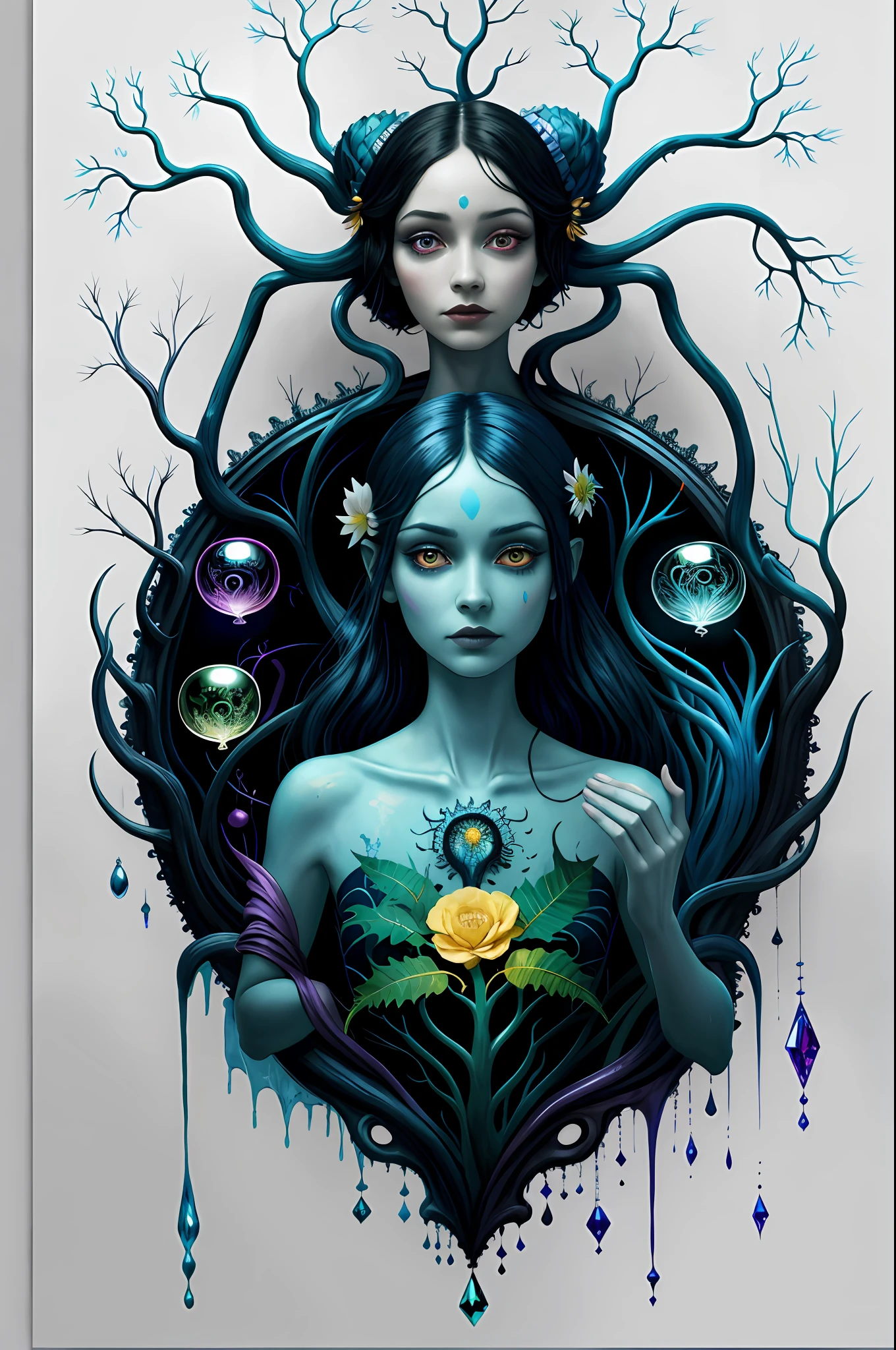colorpop style, pointy hair, blue skin, natalie shau, mark ryden, alberto seveso, brooke shaden, anna dittmann, flora borsi, yin yang anthill, ant, lily, insect, fern, beautiful alien boy full body photo with oil painting, with thick brushstrokes and wet paint, fibonacci, golden ratio, melted wax, visible brush strokes, surrounded by crystal balls, 3D mosaic wireframe, neurographics, neurons, tree of life, color, love, passion, oil on canvas, thick brush strokes, crazy details, 8k uhd, masterpiece, art stand, surrealism