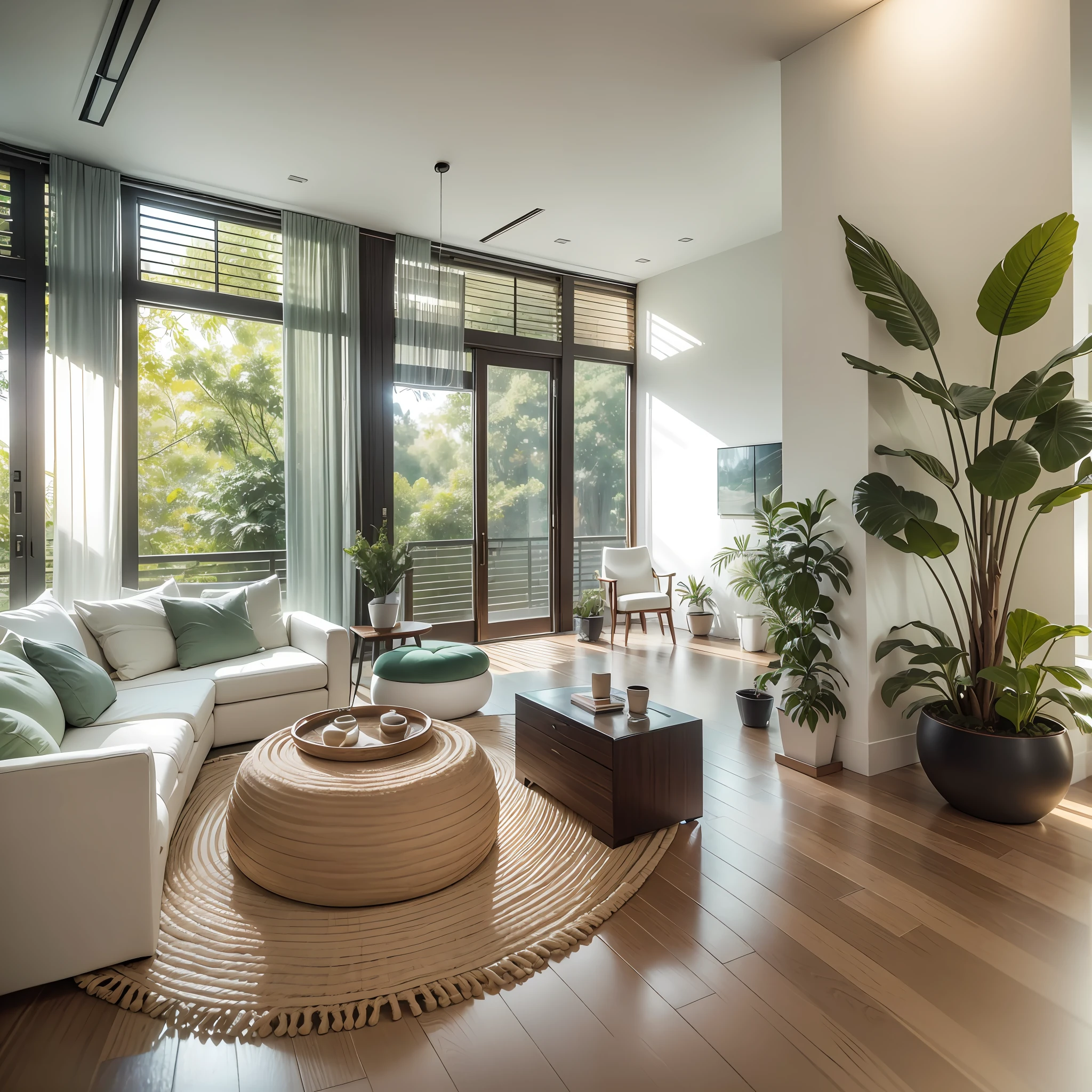 Camera: Canon EOS 5D Mark IV DSLR. Lens: EF 50mm f/1.8 STM. Resolution: 30.4 megapixels. ISO: 32,000. Shutter speed: 1/8000 second. Description: A minimalist living room decorated in the Japandi style. Light wood furniture, natural texture rugs, and green plants punctuate the space. The lighting is soft and natural, creating a tranquil and cozy atmosphere. The colors are neutral, with shades of beige, gray, and white predominating. --auto --s2