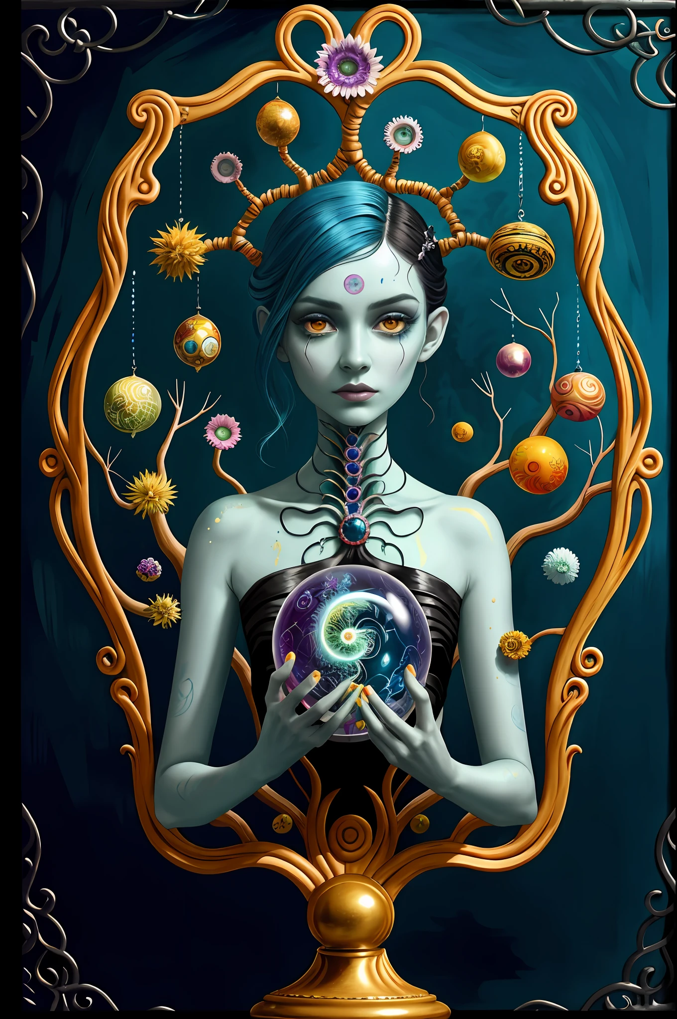 colorpop style, pointy hair, blue skin, natalie shau, mark ryden, alberto seveso, brooke shaden, anna dittmann, flora borsi, yin yang anthill, ant, lily, insect, fern, beautiful alien boy full body photo with oil painting, with thick brushstrokes and wet paint, fibonacci, golden ratio, melted wax, visible brush strokes, surrounded by crystal balls, 3D mosaic wireframe, neurographics, neurons, tree of life, color, love, passion, oil on canvas, thick brush strokes, crazy details, 8k uhd, masterpiece, art stand, surrealism