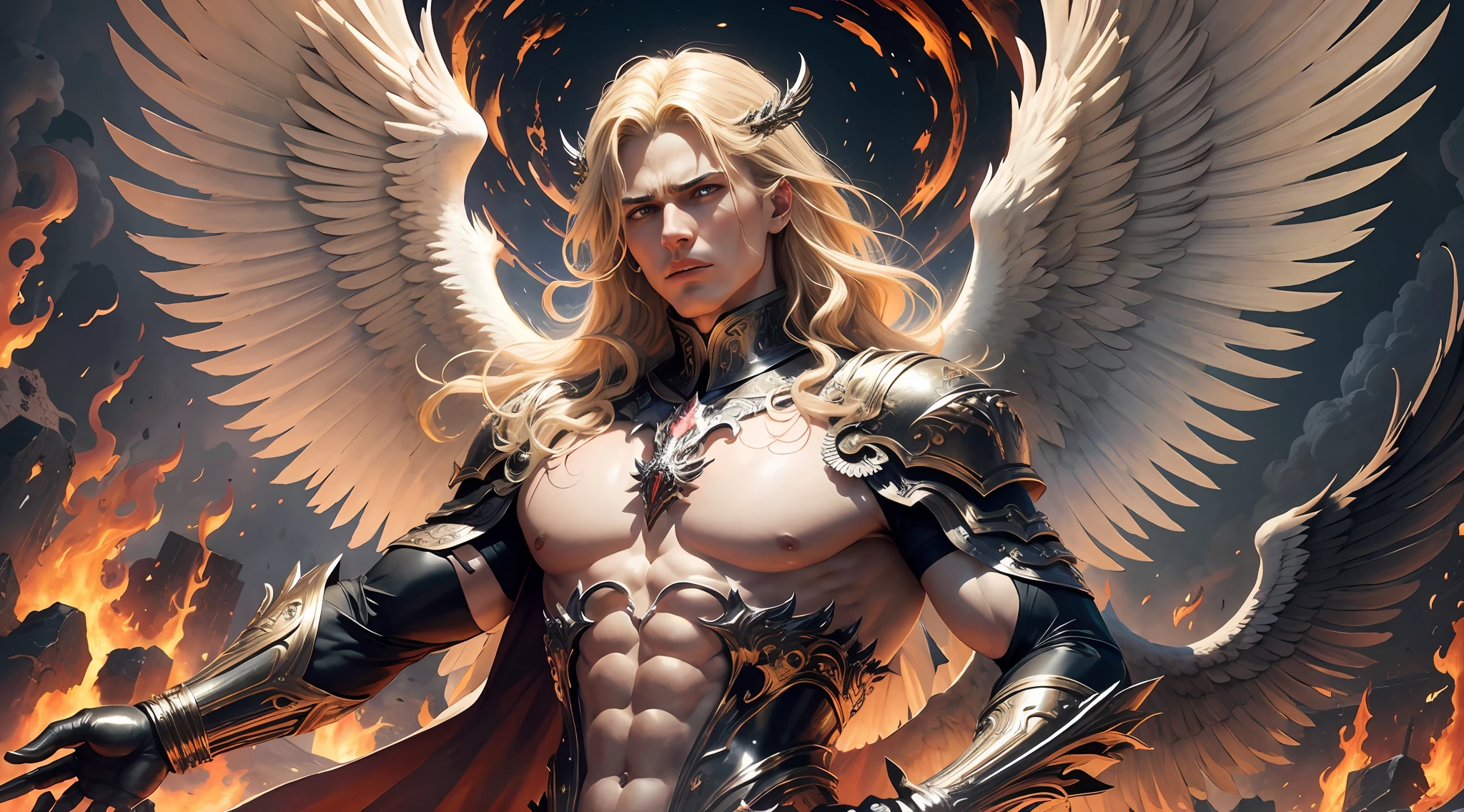 Artwork, (masterpiece), fantastic realism The archangel are Michael furious, Angel with very detailed feathered wings, haughty face blond hair, surrounded by demons from hell, black smoke from the ground, streets of hot lava. --auto --s2