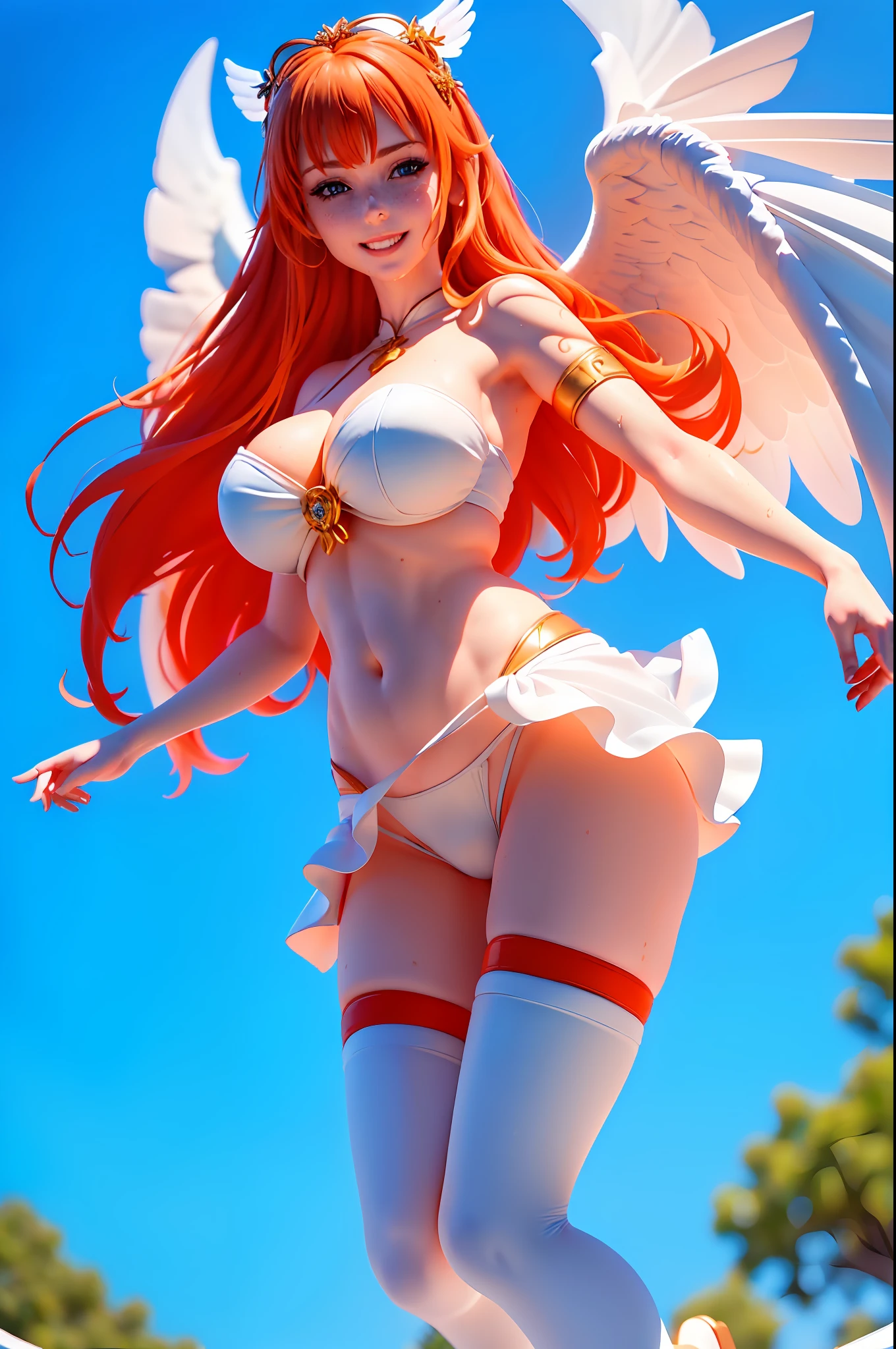 (8k, RAW photo, best quality, masterpiece:1.2), (realistic, photo-realistic:1.37), ((1girl)), small, beautiful, professional lighting, photon mapping, radiosity, physics-based rendering, full body, dynamic pose, (a beautiful mature Angel) wearing ((an angelic white wedding dress, white panties, white Sandles, halo:1.2)), ((red hair, medium hair, straight hair, big shiny eyes, blue_eyes:1.4)) ((large breasts,  swollen ((cameltoe)) (Rseemma:1.5), ((blushing, smiling:1.2))
(has wings, Angel_wings, big angel wings:1.3), belly out, lightly made up, thick lips with red lipstick, gleaming tribal tattoo, sunny day with blue sky, flowery garden, sensual, golden sandals, blue sky, mountain in the background with garden, thin waist, super detailed, ultra realistic, 8k, full body, flying, gleaming tribal tattoo, wet body, big and bright eyes