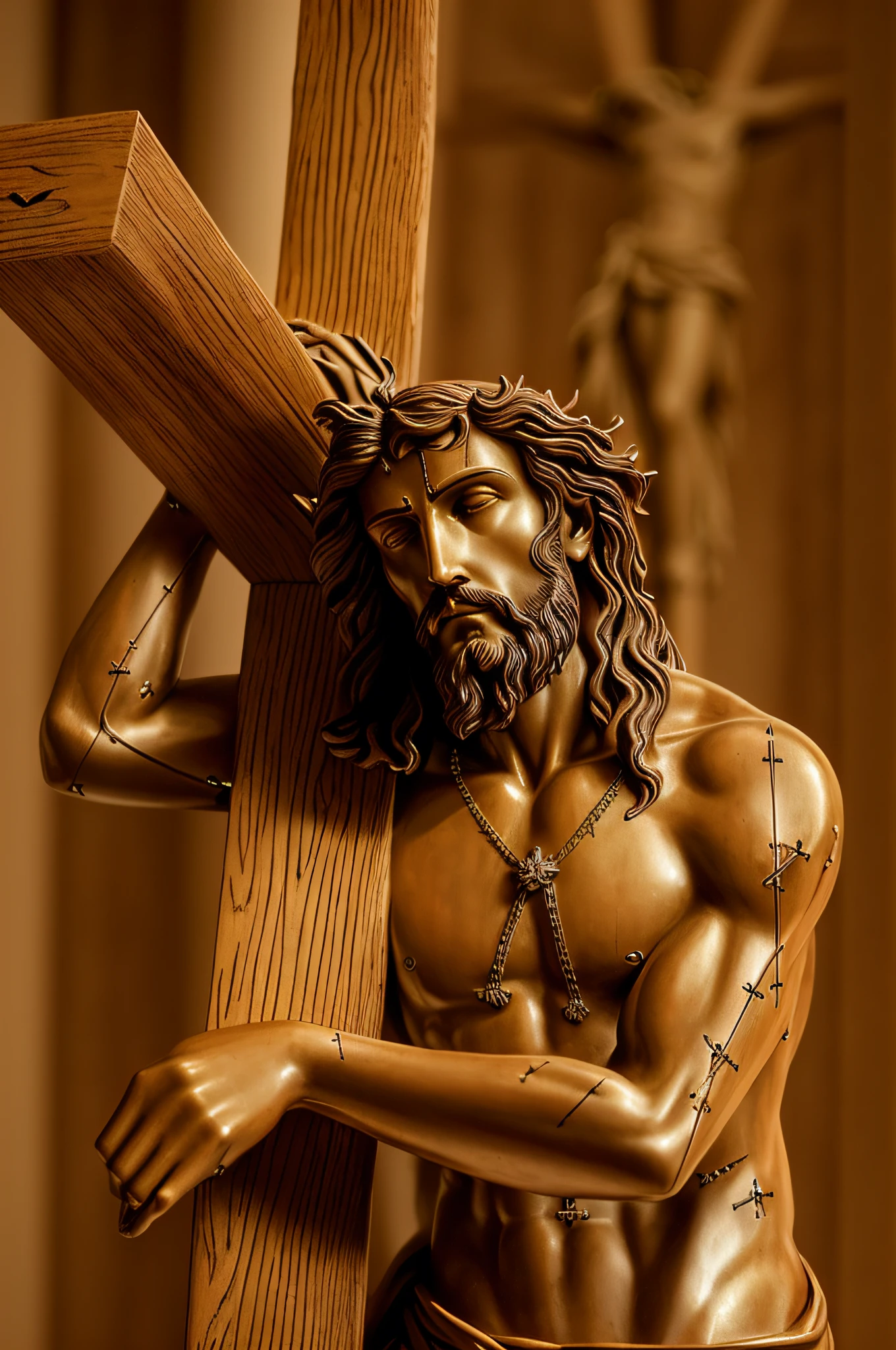 a close up of a statue of jesus holding a cross, jesus on cross, jesus on the cross, jesus christ on the cross, crucifix, realistic 8k bernini sculpture, crucifixion, jesus christ, immaculately detailed, by Cristofano Allori, jesus of nazareth, religious sculpture, carved in wood, by Giovanni Lanfranco, christian