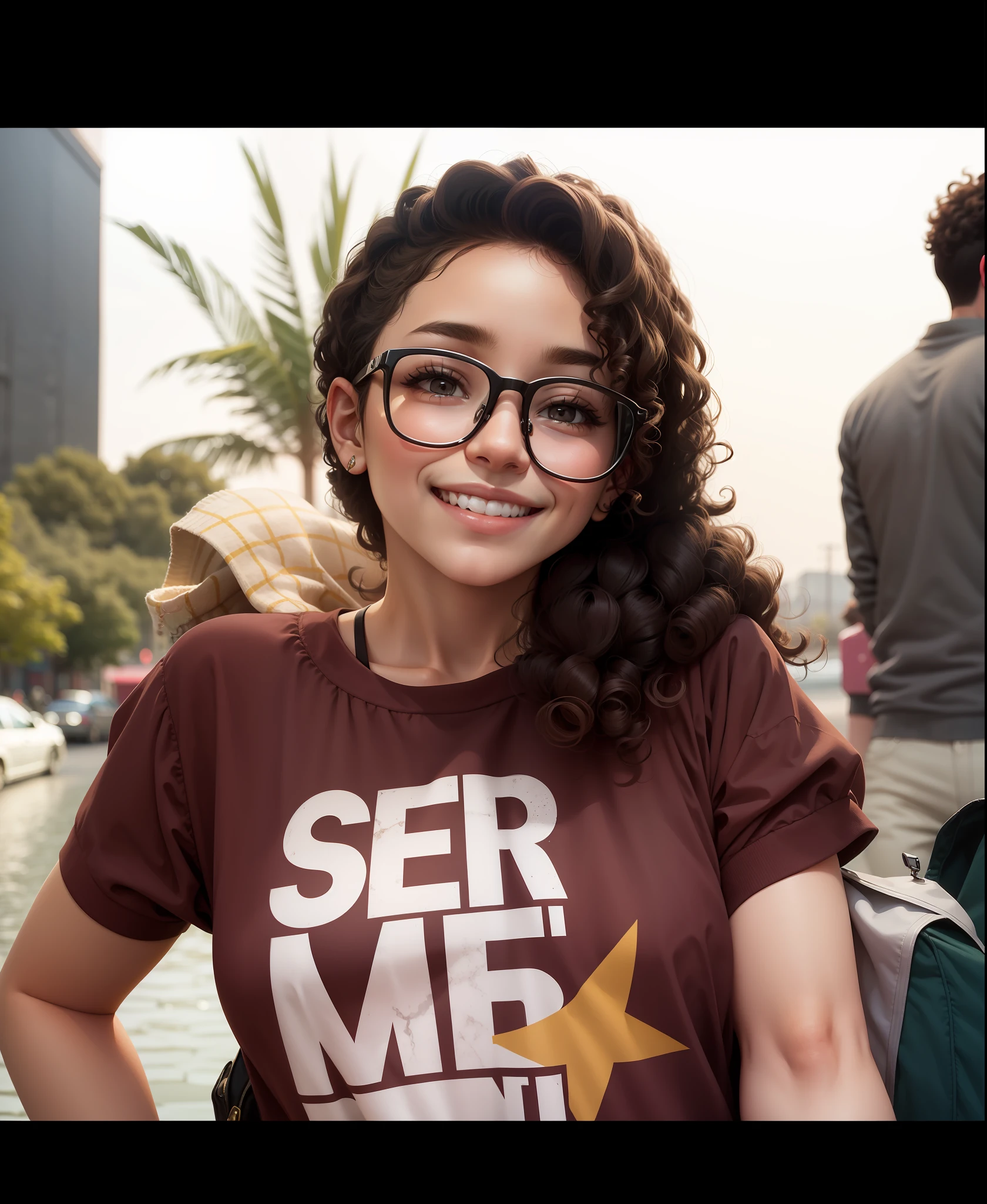 There's a girl with curly hair and glasses smiling with one hand on her waist. Photo in front of the camera
