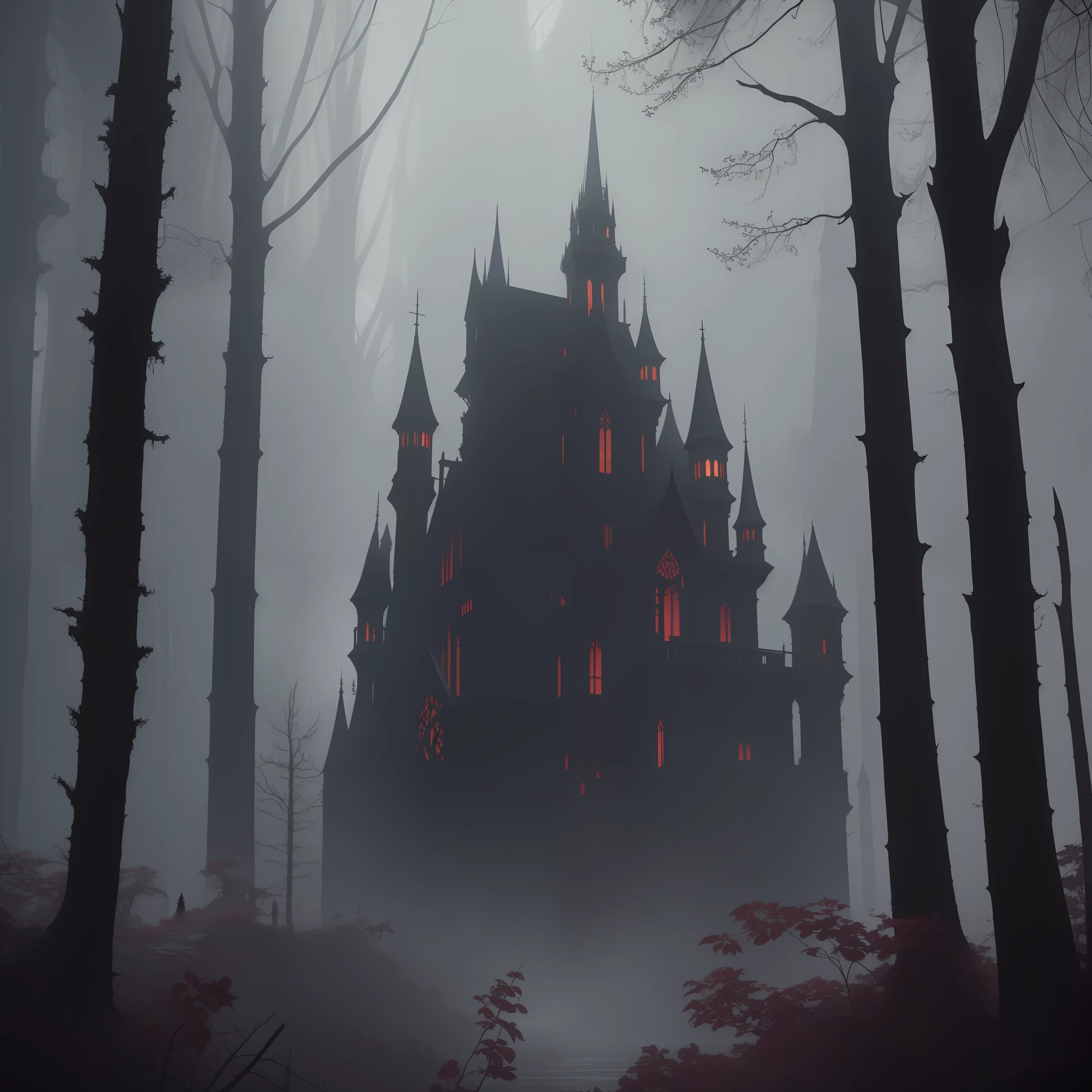Setting, non-human, castle, dark forest, nightmare, medieval, umbrella, demonic, very dark and scary. hyper intricate details. volumetric lighting. streetwear style art. grunge. award-winning impressive masterpiece. 8k. gorgeous. wonderful. using only the colors purple, red, white. narrow depth of field. hyper-realistic art style. Spooky horror metal music vibe. Godrays, beautiful, amazing, intricate, highly detailed, digital painting, art station, concept art, sharp focus, illustration, art by Greg Rutkowski and Alphonse Mucha