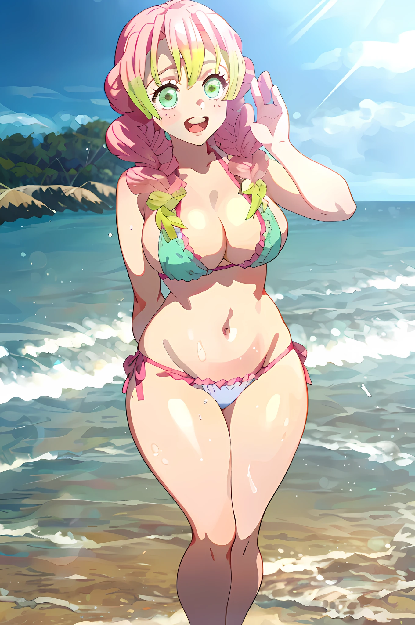 anime girl in bikini standing on beach with ocean in background, marin kitagawa fanart, on a sunny beach, oppai proportions, on a beach, illustrious makinami, haruno sakura, official art, at the beach, nami one piece, is wearing a swimsuit, at a beach, by Kentaro Miura, full body!!, on the beach, oppai