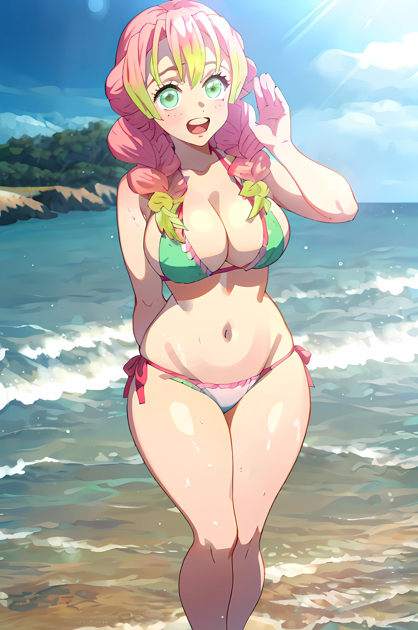 anime girl in bikini standing on beach with ocean in background, marin kitagawa fanart, on a sunny beach, oppai proportions, on a beach, illustrious makinami, haruno sakura, official art, at the beach, nami one piece, is wearing a swimsuit, at a beach, by Kentaro Miura, full body!!, on the beach, oppai
