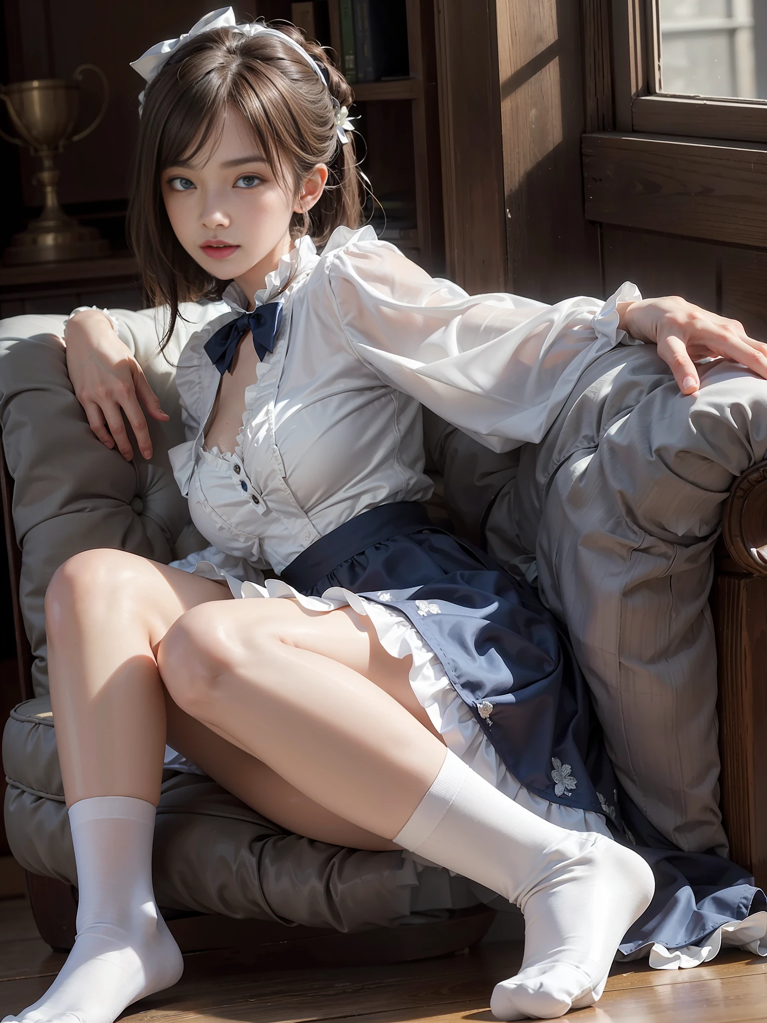 (Photoreal: 1.4), (Hyperrealistic: 1.4), (Realistic: 1.3), (Smooth Lighting: 1.05), (Improved Cinematic Lighting: 0.9), 32K, One Japan woman with a faint smile, realistic lighting, backlight, face lights, ray tracking, (Bright light: 1.2), (Quality improvement: 1.4), ( Realistic textured skin of the highest quality: 1.4), fine detailed eyes, detailed face, fine quality eyes, dark brown eyes, (tired, sleepy and satisfied: 0.0), pale lighting, white blouse with frills, bow tie, blue skirt with frills, floral white bra with ruffles, floral white panties with ruffles, sitting with knees bent, angle seen from the buttocks, Looking back at the camera through her buttocks, shiny smooth white silk socks with large ruffles on the edges.