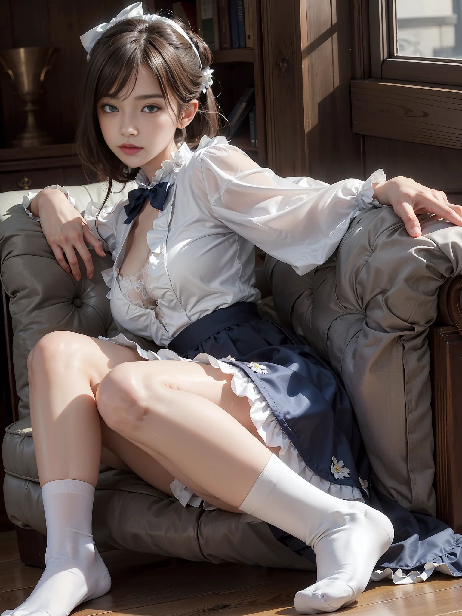 (Photoreal: 1.4), (Hyperrealistic: 1.4), (Realistic: 1.3), (Smooth Lighting: 1.05), (Improved Cinematic Lighting: 0.9), 32K, One Japan woman with a faint smile, realistic lighting, backlight, face lights, ray tracking, (Bright light: 1.2), (Quality improvement: 1.4), ( Realistic textured skin of the highest quality: 1.4), fine detailed eyes, detailed face, fine quality eyes, dark brown eyes, (tired, sleepy and satisfied: 0.0), pale lighting, white blouse with frills, bow tie, blue skirt with frills, floral white bra with ruffles, floral white panties with ruffles, sitting with knees bent, angle seen from the buttocks, Looking back at the camera through her buttocks, shiny smooth white silk socks with large ruffles on the edges.