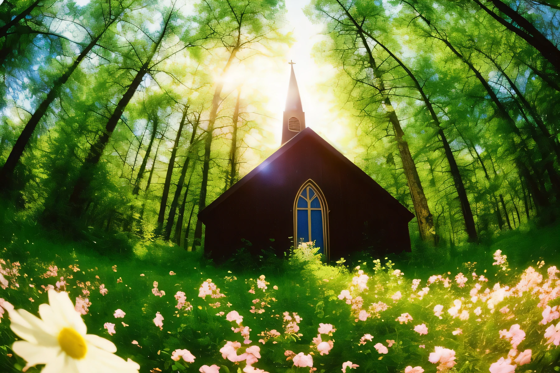 lomo style fisheye photograph of a church in the forest clearing meadow, flowers blooming