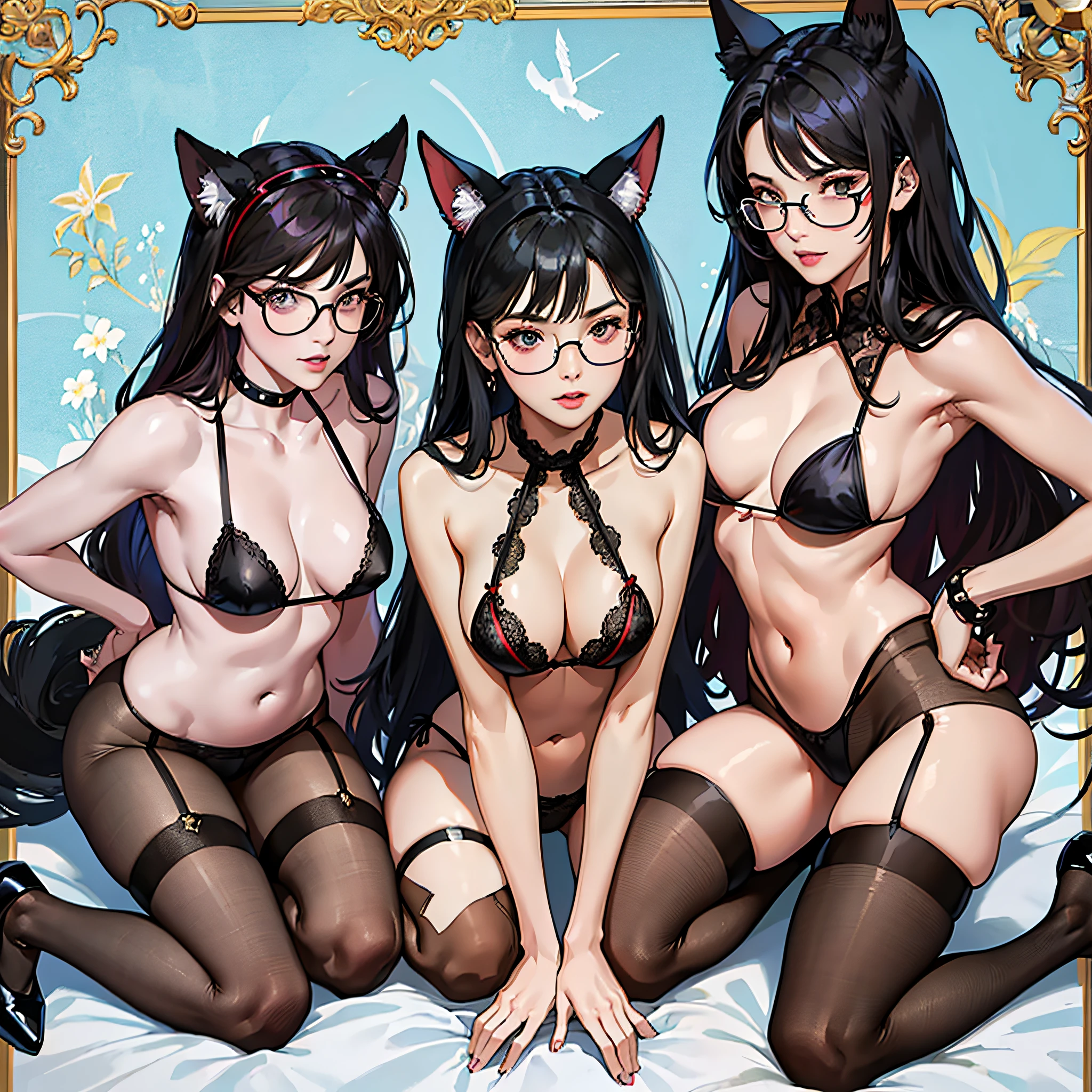 full body photo of four beautiful girls sexy stitched socks, (((Very detailed face)))), ((Very detailed eyes and face)))), Beautiful detail eyes, Body parts__, Official art, stands_straight, adult, micro bikini, high heels, spikes, strokes_herself, short black hair, glasses, pantyhose, short black hair, pantyhose, pantyhose, glasses, cat ears, kneeling, on your knees,  (on your knees) red and black color scheme, sexy lingerie, transparent lingerie, anime, french kiss, --auto --s2