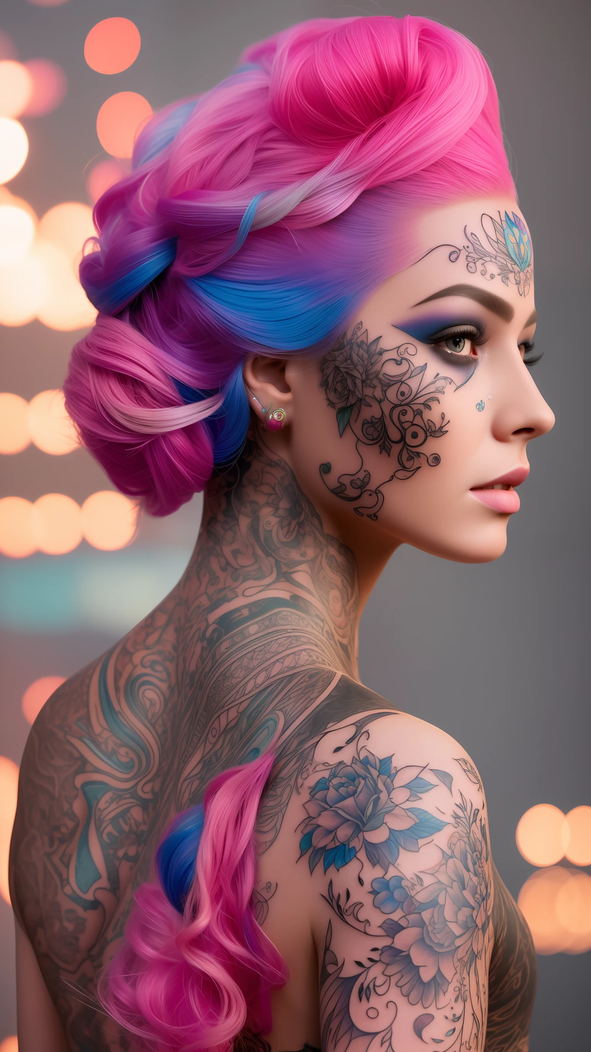 (style of richard deacon), formal wear android,1girl,a beautiful girl in a colourful dress with colourful intricate tattoos surrounded by colourful patterns,(Luminous burning hair:1.2), realistic fantasy, extremely detailed and beautiful , 8 k resolution,