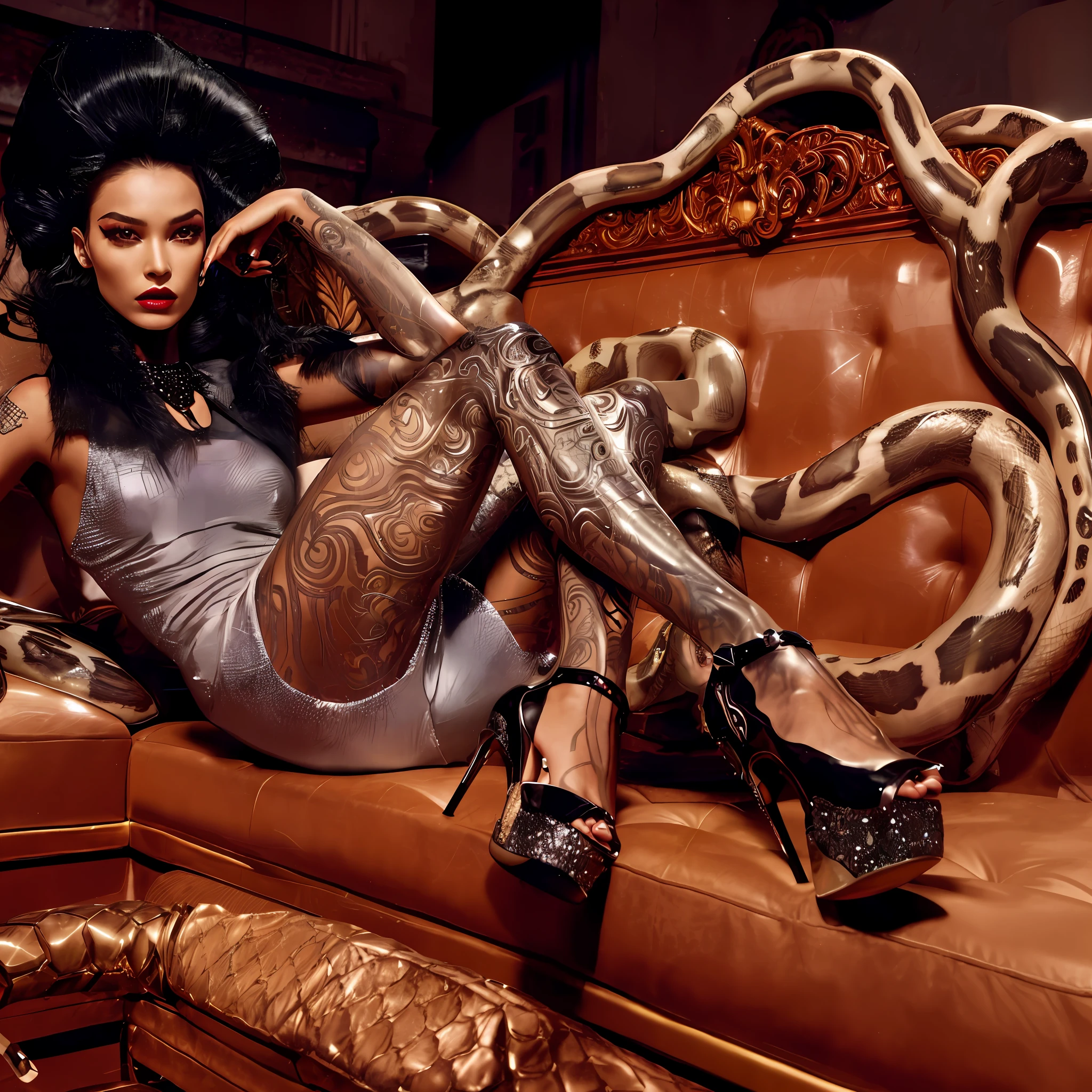 araffe woman in a silver dress and high heels on a couch, inspired by Hedi Xandt, steven klein, shanina shaik as medusa, by Hedi Xandt, high fashion photography, queen of snakes, intricate latex set, medusa, editorial fashion photography, high - end fashion photoshoot, cyborg fashion shot, fashion editorial photography