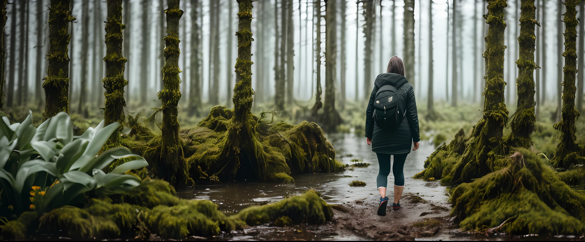 (wide shot, very wide shot, blurry foreground, blurry background, perspective:1.2), SFW, (1girl, solo focus:1.2), backpack, hoodie, hood up, looking away, wetlands, bog, grove, plant overgrowth, small waterfalls, heavy rain, rain, vines, cinematic lighting, depth of field, bokeh, realism, photorealistic, hyperrealism, professional photography, uhd, dslr, hdr, ambient occlusion, iris and pupil rendering, advanced color grading