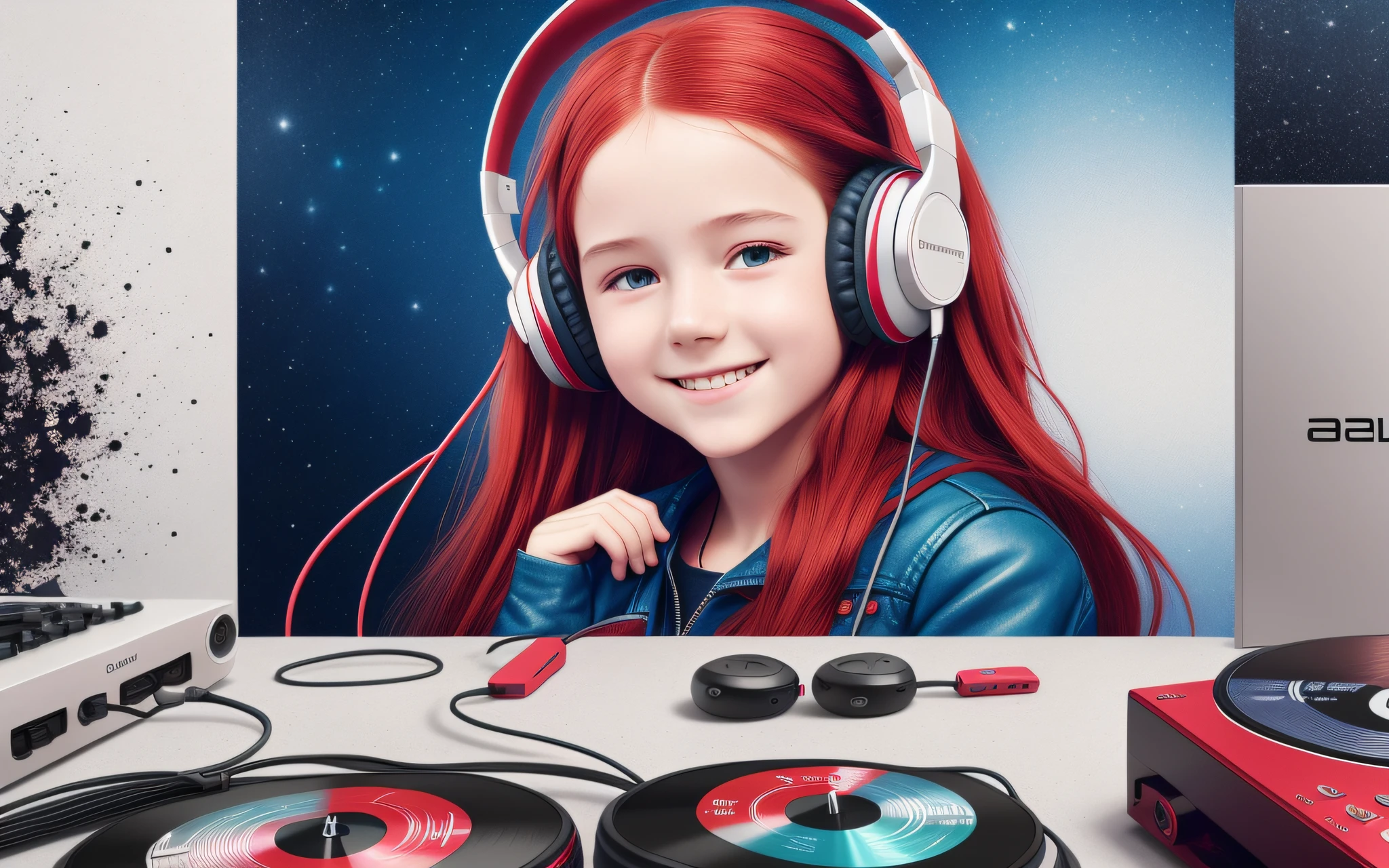 girl 12 years old, long red hair of braids,portrait, with headphones and sunglasses, smiling and holding hands up, RED LEATHER JACKET, girl wearing headphones, listening to music, wearing headphones, with headphones, with headphones, wearing a headset, vibrating with music, listening to pious music,  Using headphone jack, using headset for gaming, tinnitus, high quality portrait, headphones on, , digital art H 9 6 0,, (white background: 1.3). , A closeup of a CD and a CD box on a table, Packshot, CDs, CD Jacket, DVD Package, Medium Close Shot, Detailed Product Image, Medium Wide Shot, Medium Closeup, Close Medium Shot, New Boards of Canada album cover, soft vinyl, round format, Boards of Canada album cover, BLU - Ray Transfer 5 K,  Fujifilm"