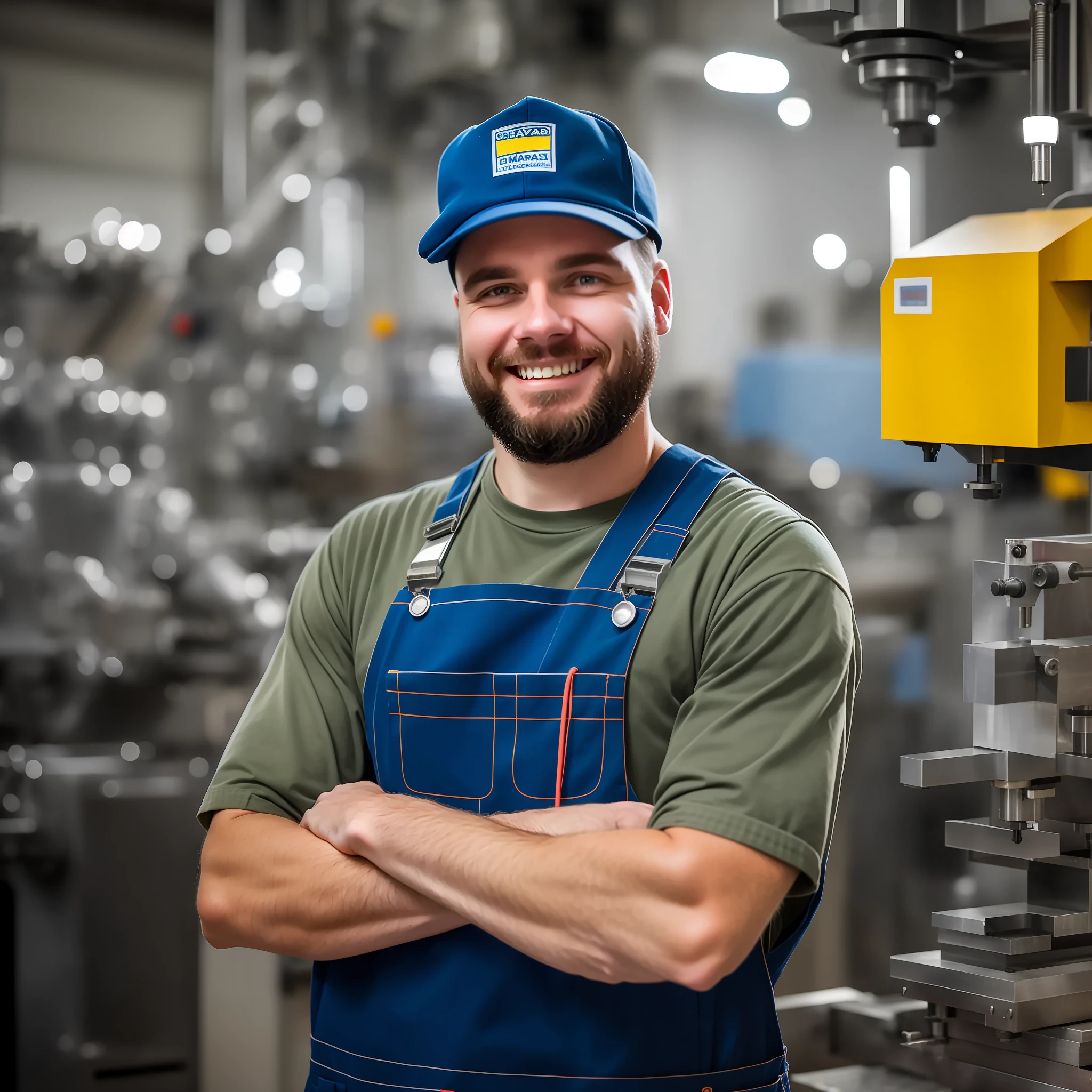 Portrait of a service engineer, in a good mood, in overalls, against the background of a full-length milling machine