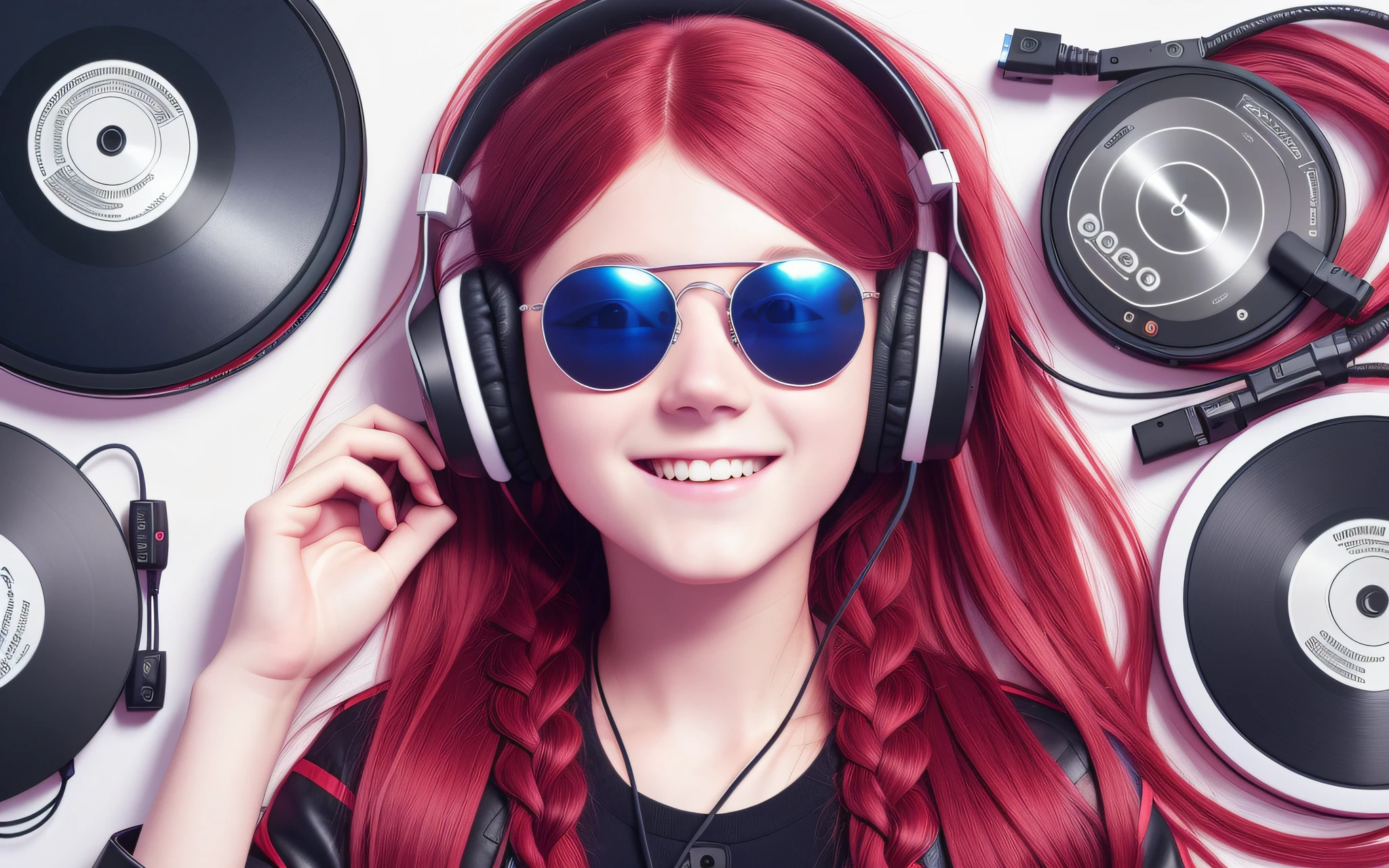 girl 12 years old, long red hair of braids,portrait, with headphones and sunglasses, smiling and holding hands up, RED LEATHER JACKET, girl wearing headphones, listening to music, wearing headphones, with headphones, with headphones, wearing a headset, vibrating with music, listening to pious music,  Using headphone jack, using headset for gaming, tinnitus, high quality portrait, headphones on, , digital art H 9 6 0,, (white background: 1.3). , A closeup of a CD and a CD box on a table, Packshot, CDs, CD Jacket, DVD Package, Medium Close Shot, Detailed Product Image, Medium Wide Shot, Medium Closeup, Close Medium Shot, New Boards of Canada album cover, soft vinyl, round format, Boards of Canada album cover, BLU - Ray Transfer 5 K,  Fujifilm"