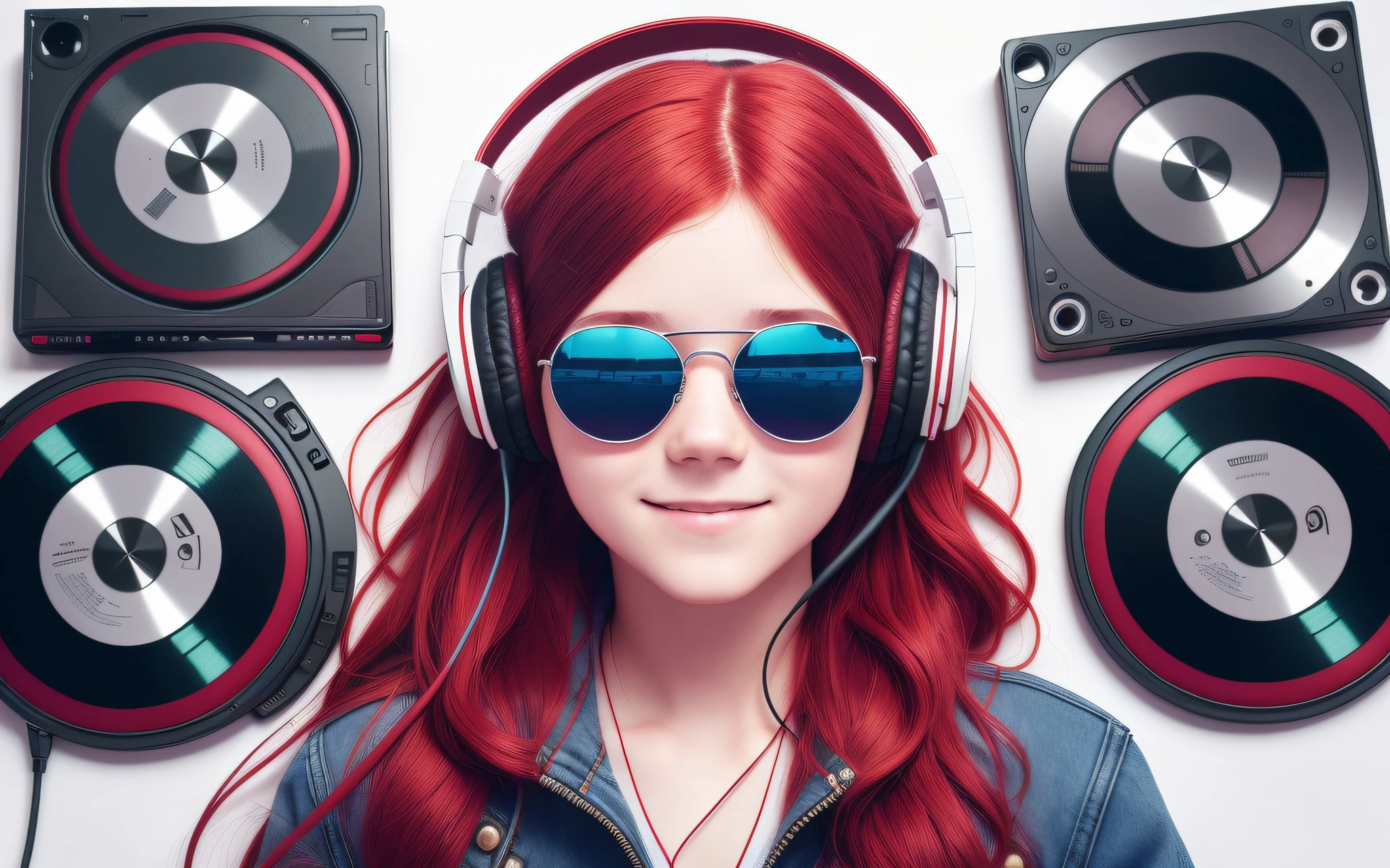 girl , long red hair of braids,portrait, with headphones and sunglasses, smiling and holding hands up, RED LEATHER JACKET, girl wearing headphones, listening to music, wearing headphones, with headphones, with headphones, wearing a headset, vibrating with music, listening to pious music, Using headphone jack, using headset for gaming, tinnitus, high quality portrait, headphones on, , digital art H 9 6 0,, (white background: 1.3). , A closeup of a CD and a CD box on a table, Packshot, CDs, CD Jacket, DVD Package, Medium Close Shot, Detailed Product Image, Medium Wide Shot, Medium Closeup, Close Medium Shot, New Boards of Canada album cover, soft vinyl, round format, Boards of Canada album cover, BLU - Ray Transfer 5 K, Fujifilm"