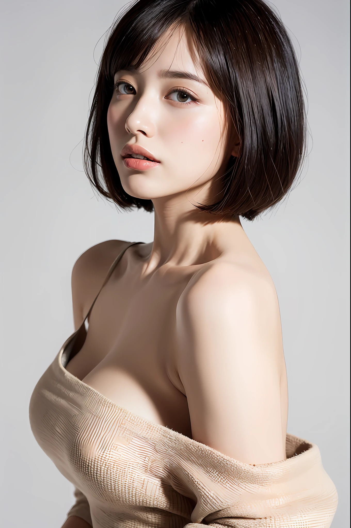Top quality, masterpiece, High resolution, 1girl, Beautiful and perfect face, Bob layer cut, Simple and retro design dress, Mini length, intricate details, cinematic feel, 8K, Very detailed, Big, angle from the side, butt sticking out, chest out, beautiful face, full body shot, one,