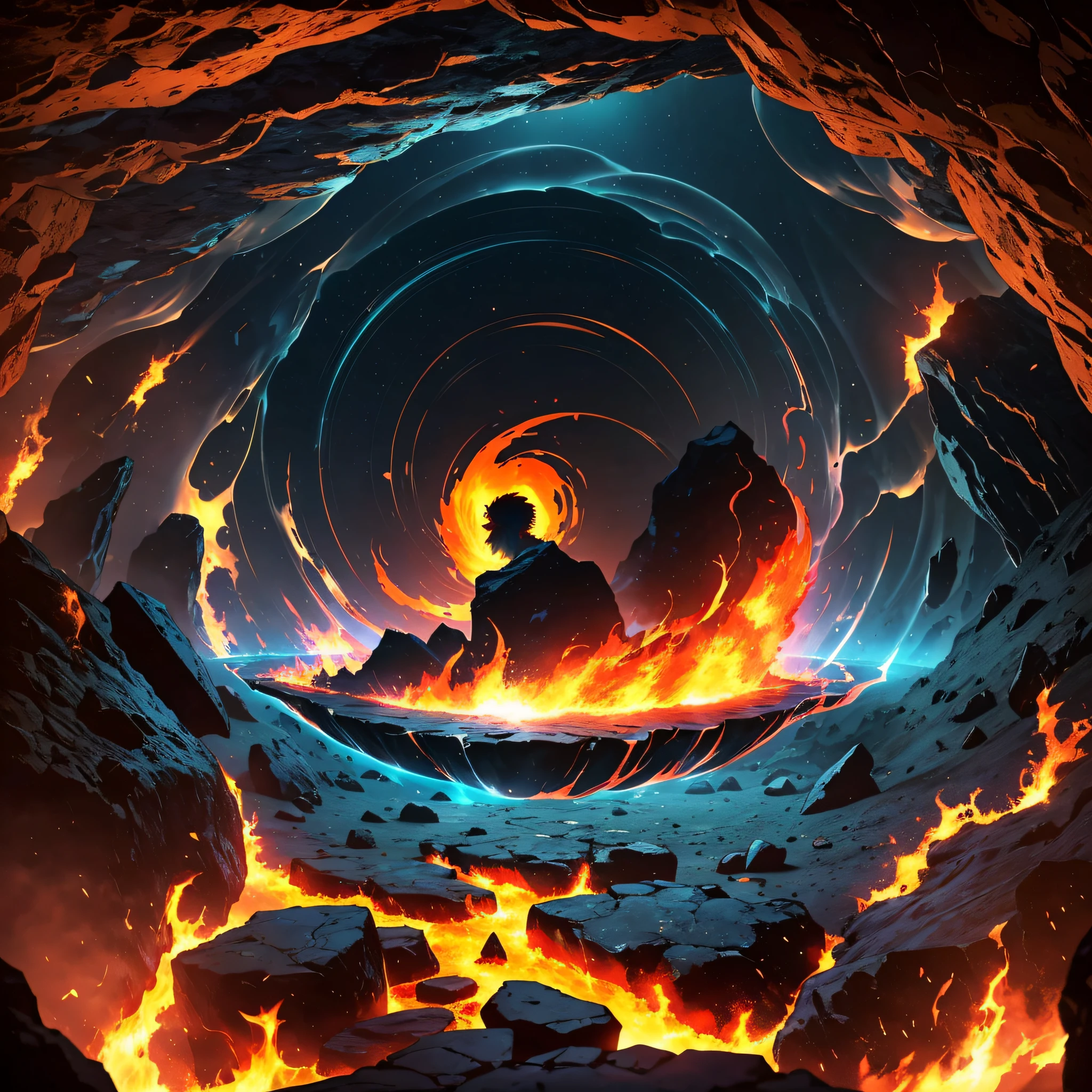 Good night. Please create for me a world floating on a sea of fire seen through the entrance of a cave of black stones --auto --s2