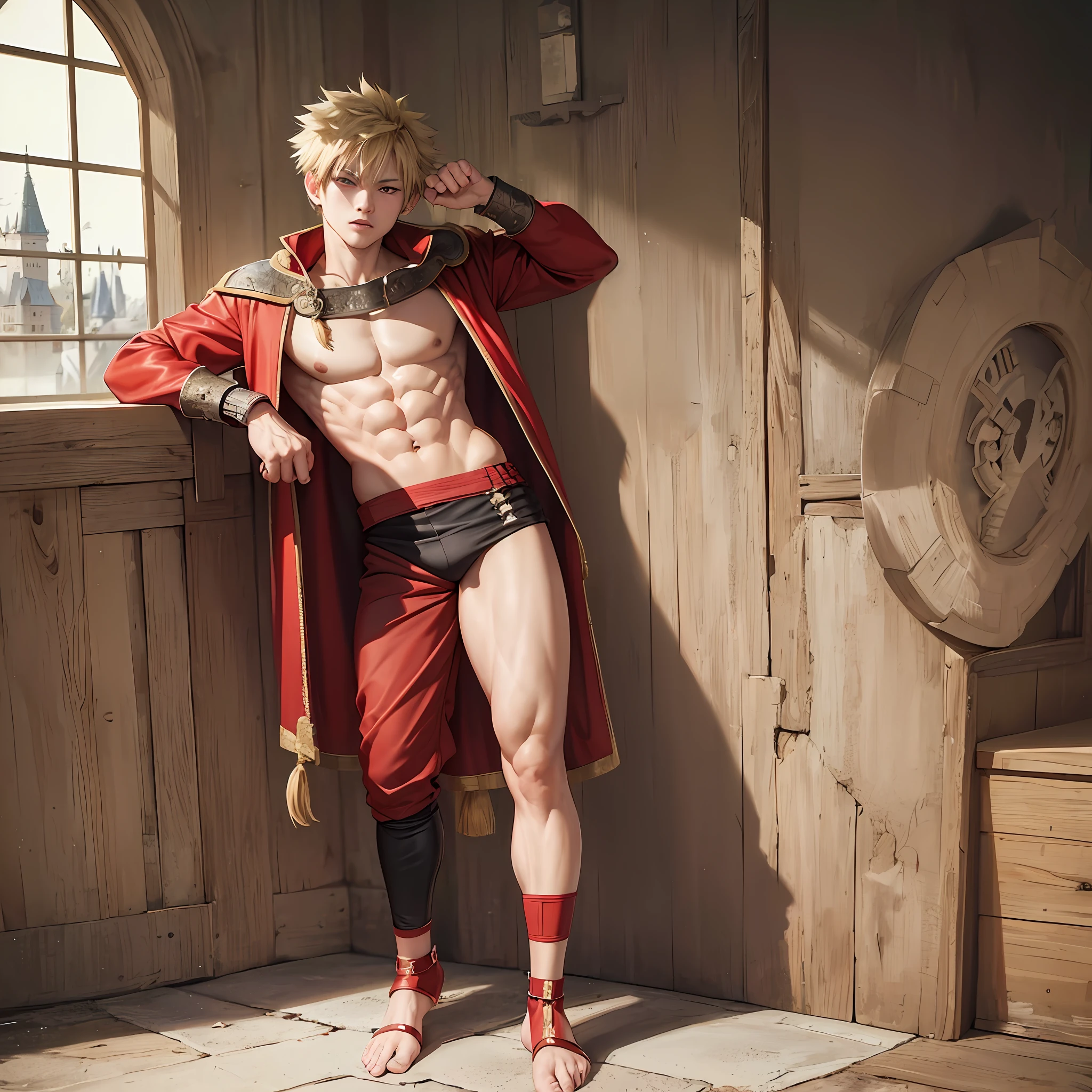 Bakugou, knee-high blonde hair with braids, crimson red eyes, he is dressed in medieval pants, is shirtless showing his abdomen, but wears a red cape with animal fur, perfect appearance, high resolution, full body. Set in a medieval castle where it has various armor of soldiers.