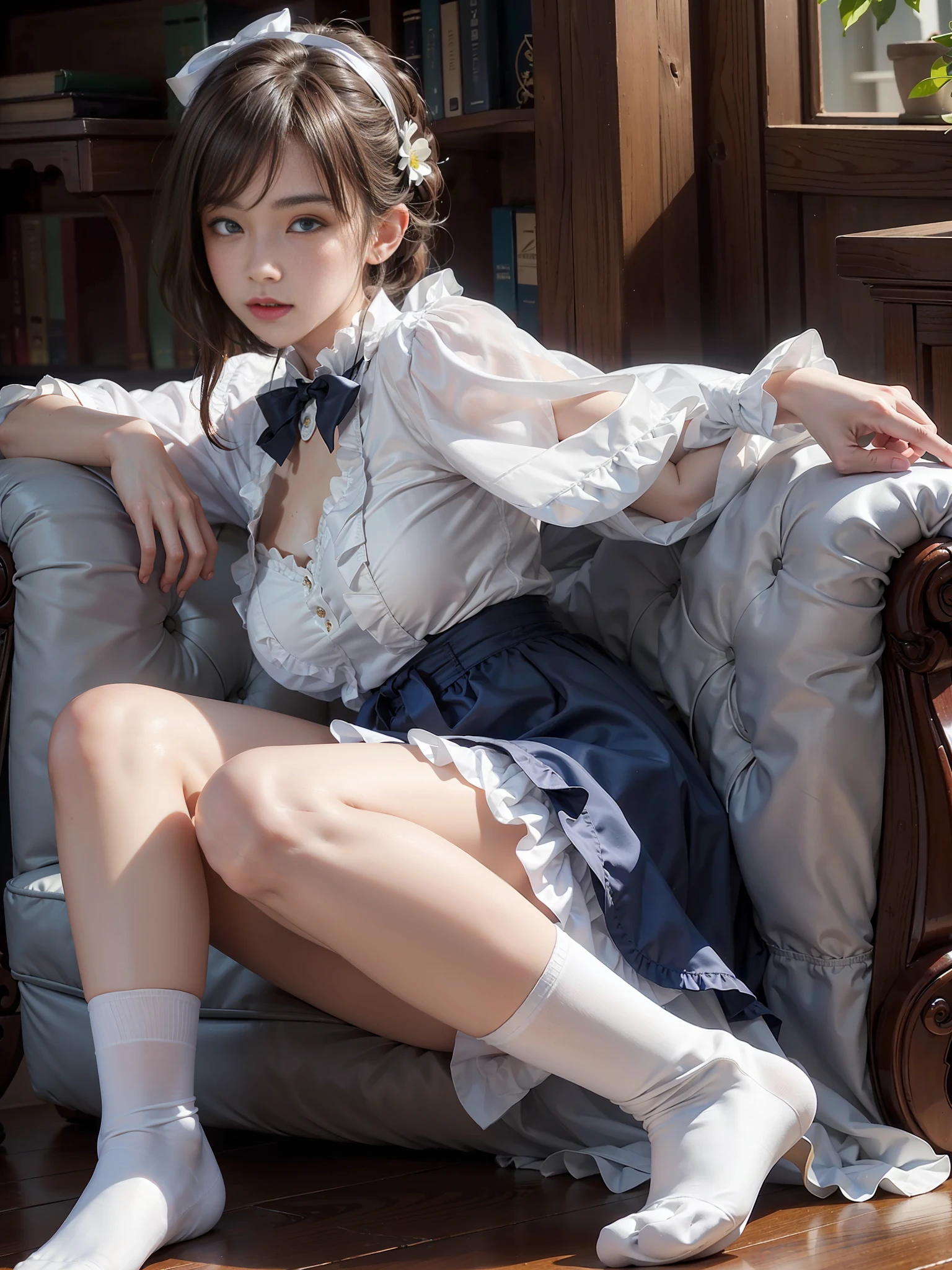 (Photoreal: 1.4), (Hyperrealistic: 1.4), (Realistic: 1.3), (Smooth Lighting: 1.05), (Improved Cinematic Lighting: 0.9), 32K, One Japan woman with a faint smile, realistic lighting, backlight, face lights, ray tracking, (Bright light: 1.2), (Quality improvement: 1.4), ( Realistic textured skin of the highest quality: 1.4), fine detailed eyes, detailed face, fine quality eyes, dark brown eyes, (tired, sleepy and satisfied: 0.0), pale lighting, white blouse with frills, bow tie, blue skirt with frills, floral white bra with ruffles, floral white panties with ruffles, sitting with knees bent, angle seen from the buttocks, Looking back at the camera through her buttocks, shiny smooth white silk socks with large ruffles on the edges.