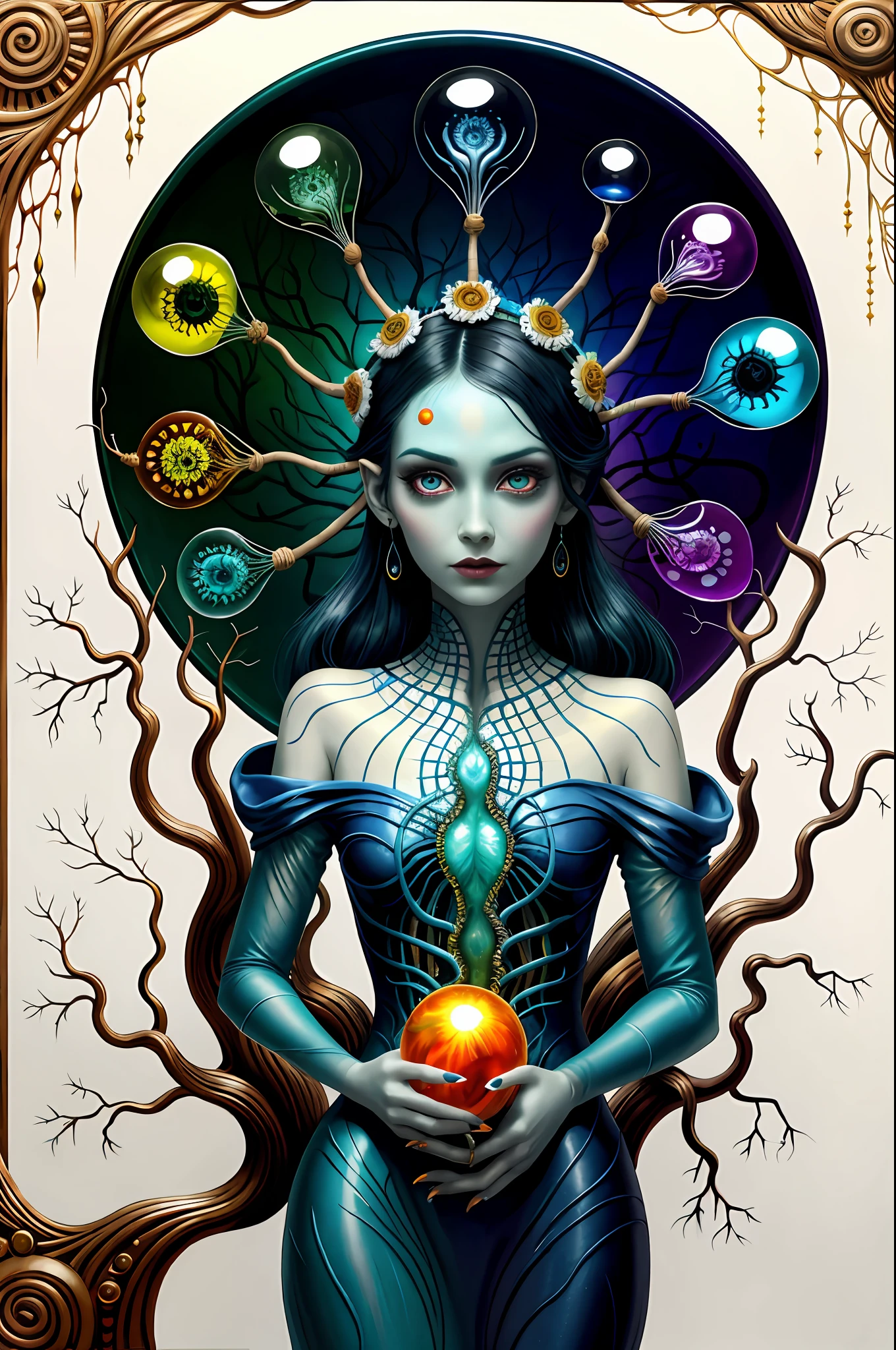 colorpop style, pointy hair, blue skin, natalie shau, mark ryden, alberto seveso, brooke shaden, anna dittmann, flora borsi, yin yang anthill, ant, lily, insect, fern, beautiful alien boy full body photo with oil painting, with thick brushstrokes and wet paint, fibonacci, golden ratio, melted wax, visible brush strokes, surrounded by crystal balls, 3D mosaic wireframe, neurographics, neurons, tree of life, color, love, passion, oil on canvas, thick brush strokes, crazy details, 8k uhd, masterpiece, art stand, surrealism